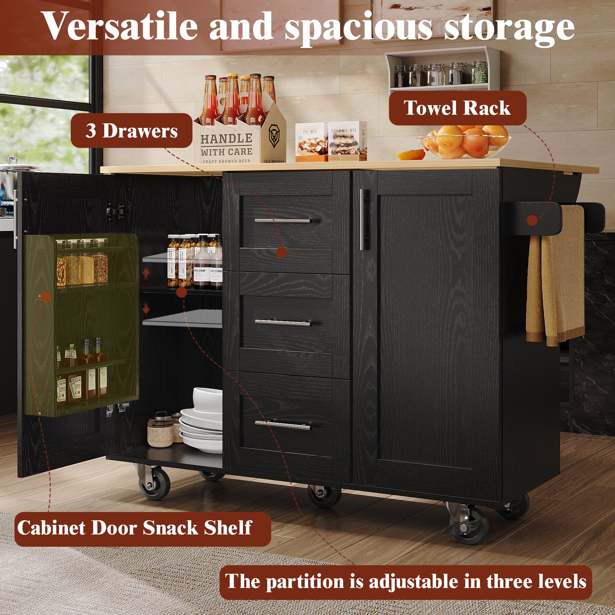 Kitchen Island Workbench Storage Removable Casters - Black