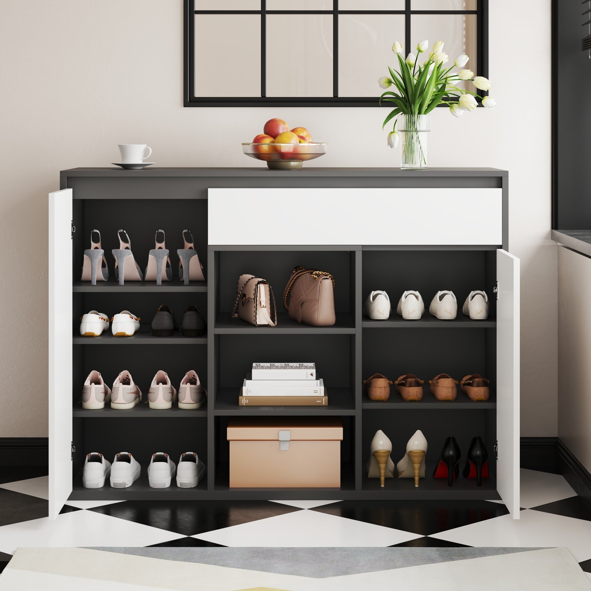 Shoe Cabinet, 2 Doors 1 Drawer Adjustable Rack, Black/White Modern Design