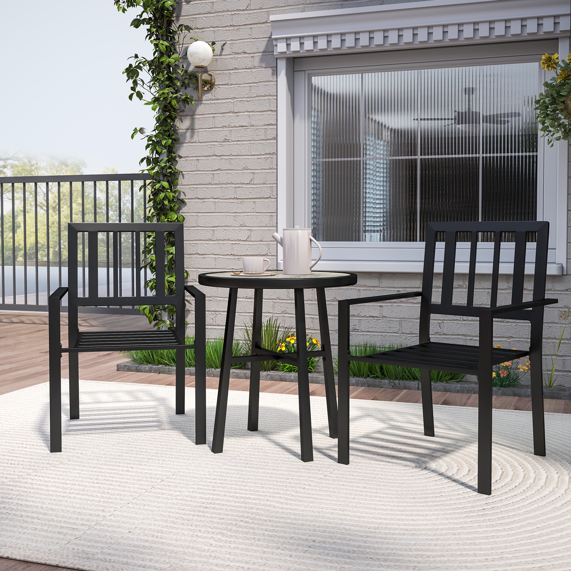 3 Piece Patio Bistro Set, 2 Stackable Chairs, Plastic Top, Galvanised Steel Frame, Grey