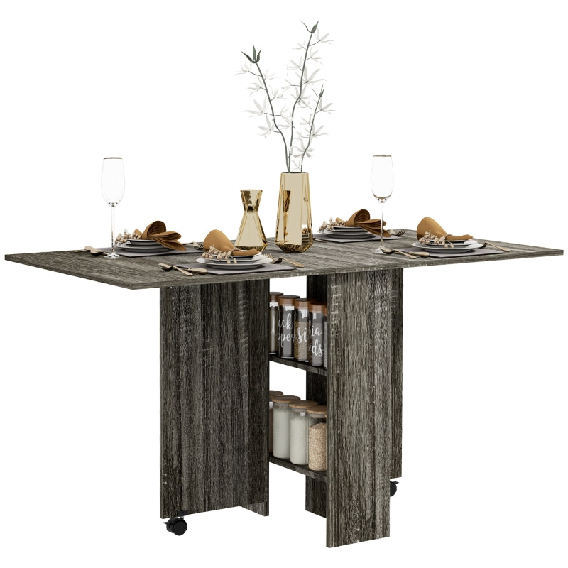 Folding Dining Table, Drop Leaf 2-Tier Shelves Rolling Casters, Grey