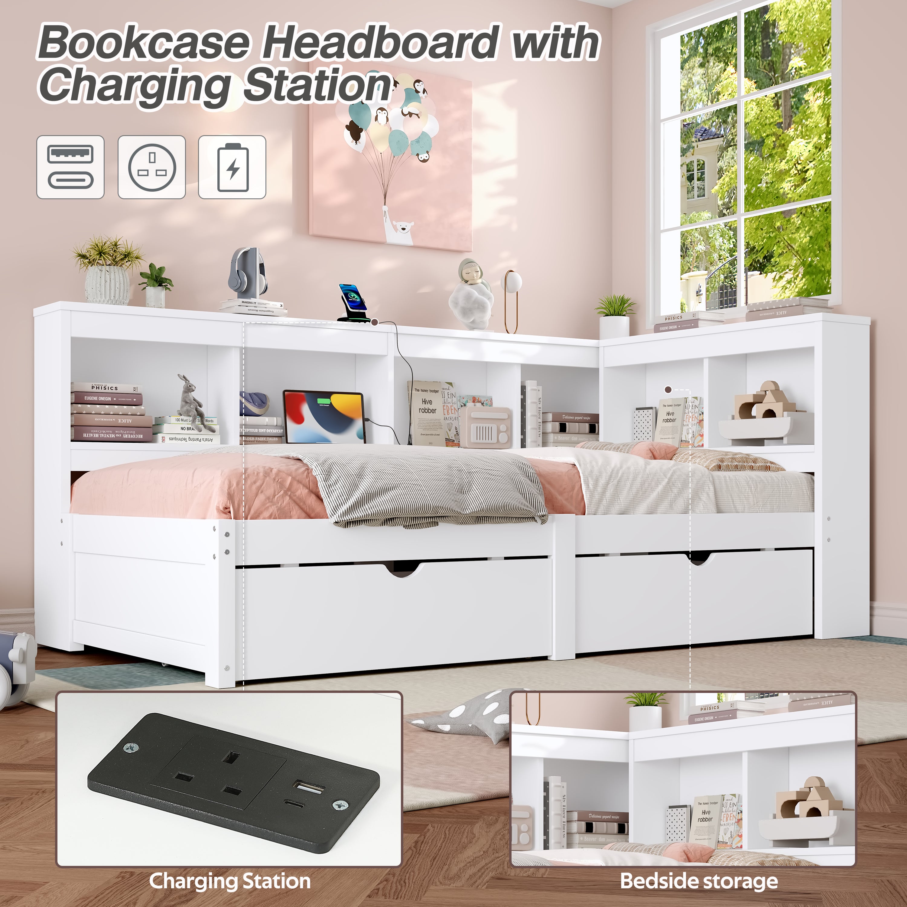 3ft Single L-Shape Daybed with Two Storage Drawers, Bookcase Storage, and Charging Station, Wood White