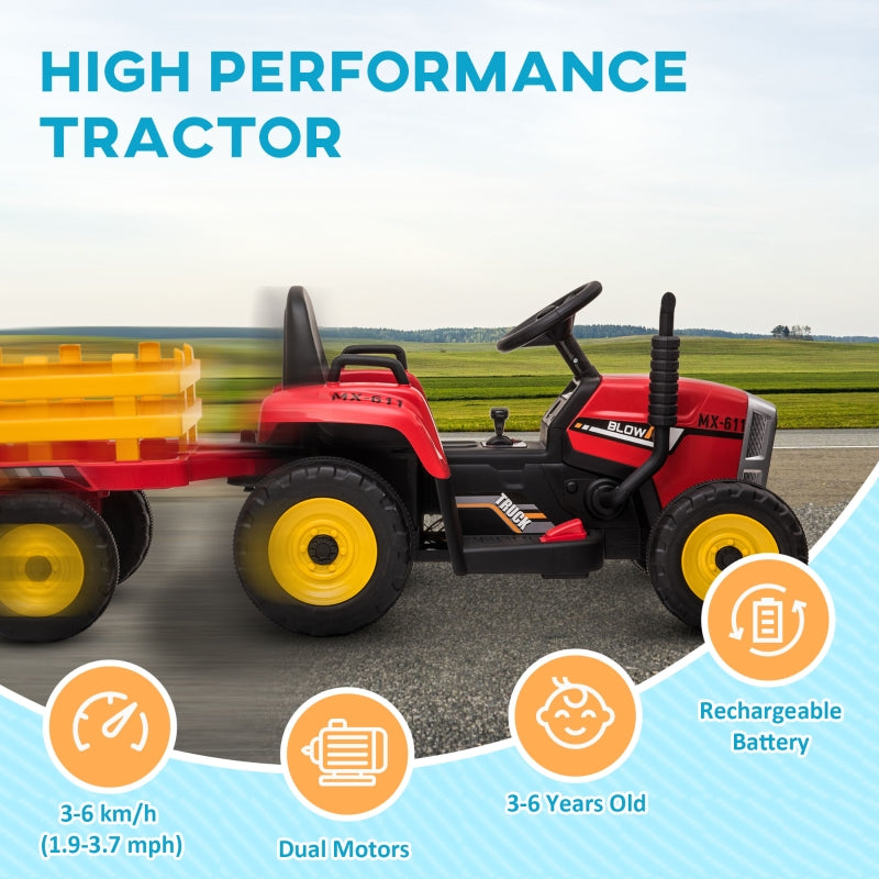 Ride On Tractor, Electric with Detachable Trailer, Remote Control, Music - Red