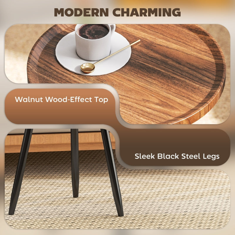 Modern Round Coffee Table, Steel Frame for Small Space, Chestnut Wood Effect