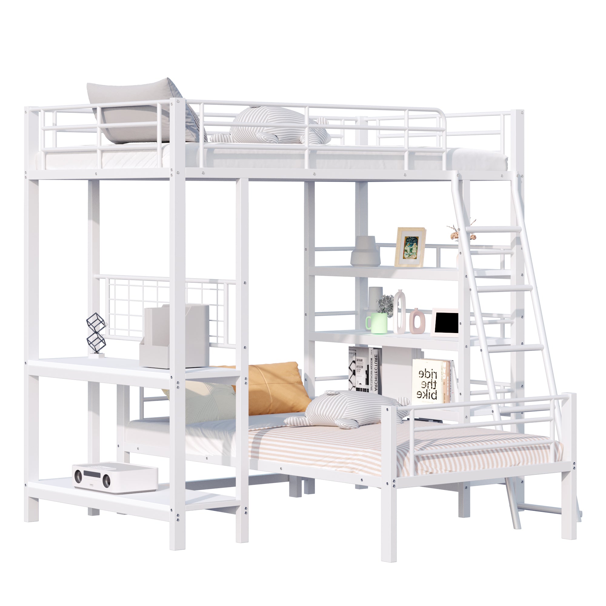 Bunk Bed, Metal Frame Loft with Storage, White