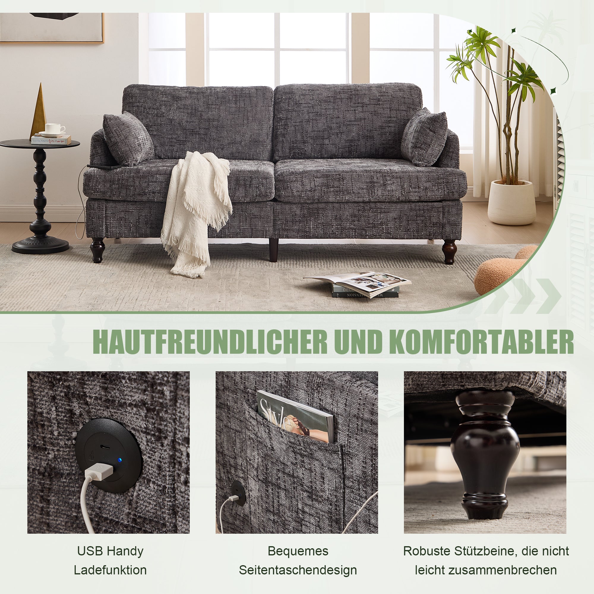 Sofa, 2-Seater with LED, USB, Storage, Chenille