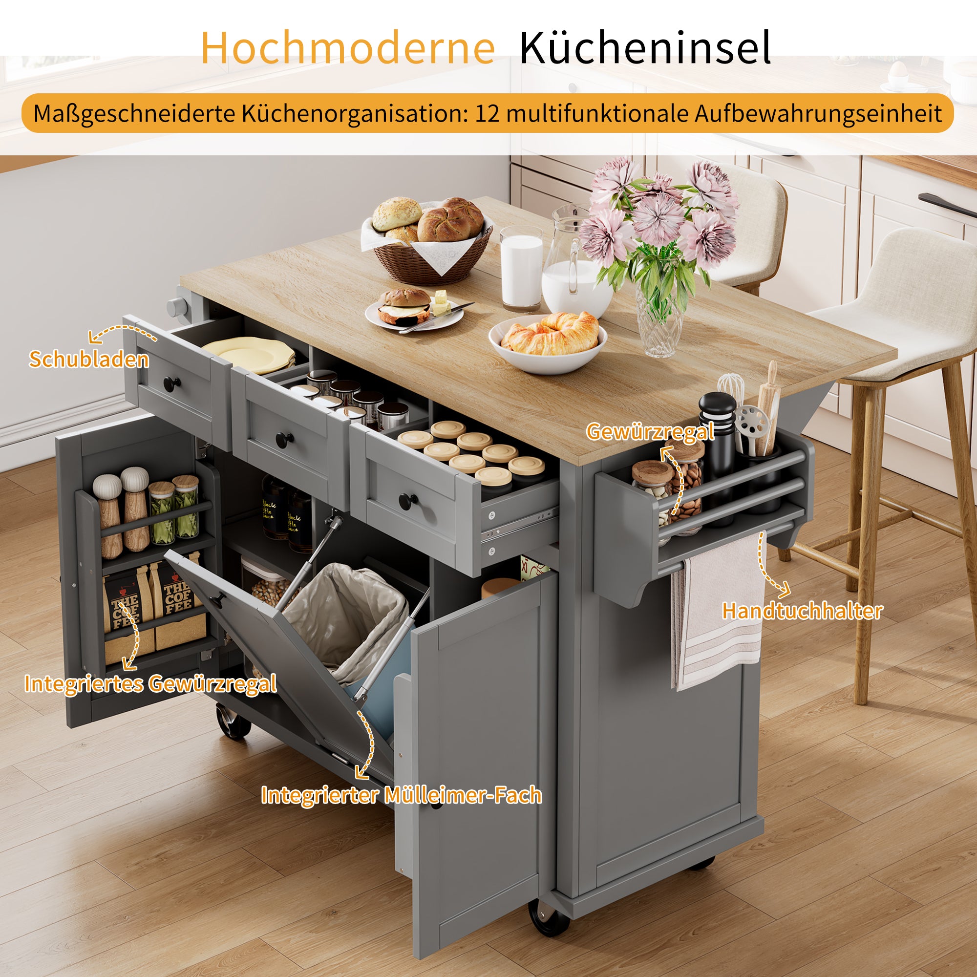 Mobile Kitchen Island with Extendable Dining Area and Waste Bin, Grey