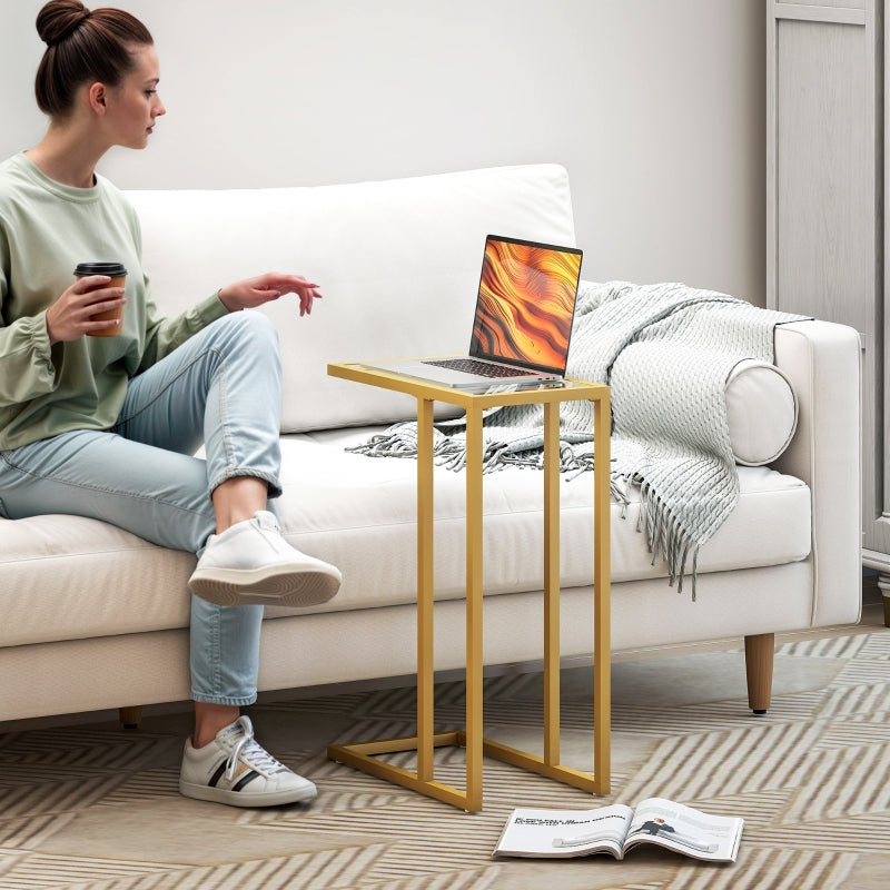 C-Shaped Side Table, Slim End Table with Tempered Glass Tabletop, Gold Tone Steel Frame