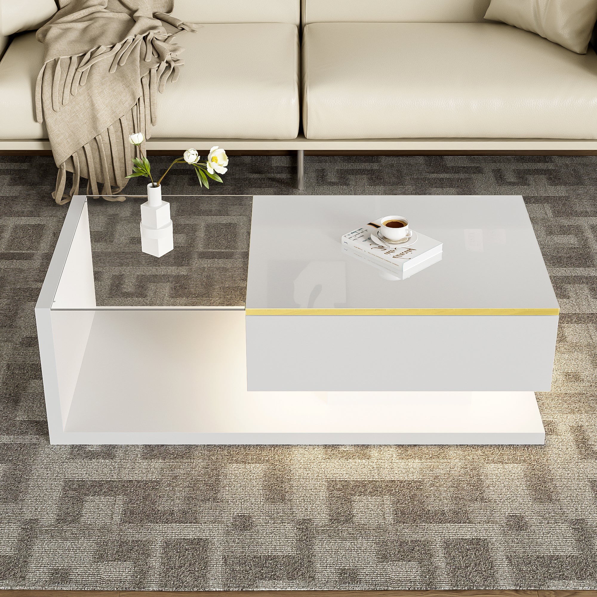 Coffee Table 100cm Long Glass LED Effect High-Gloss White