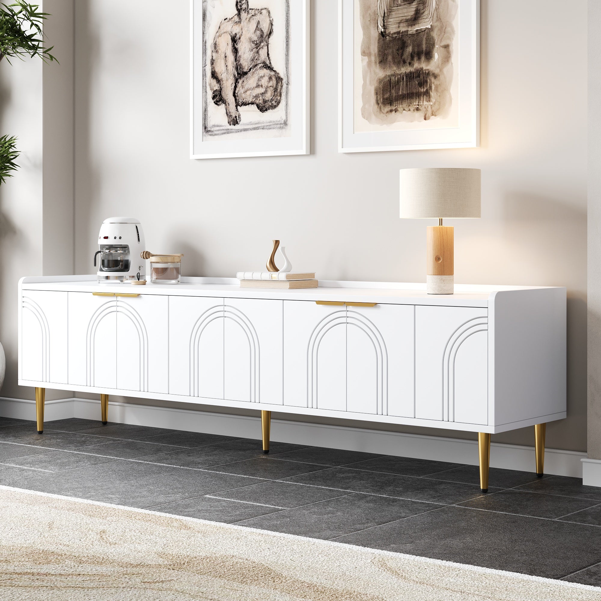 TV Cabinet Lowboard, Textured Door, Gold Handles & Feet, 170cm, White/MDF