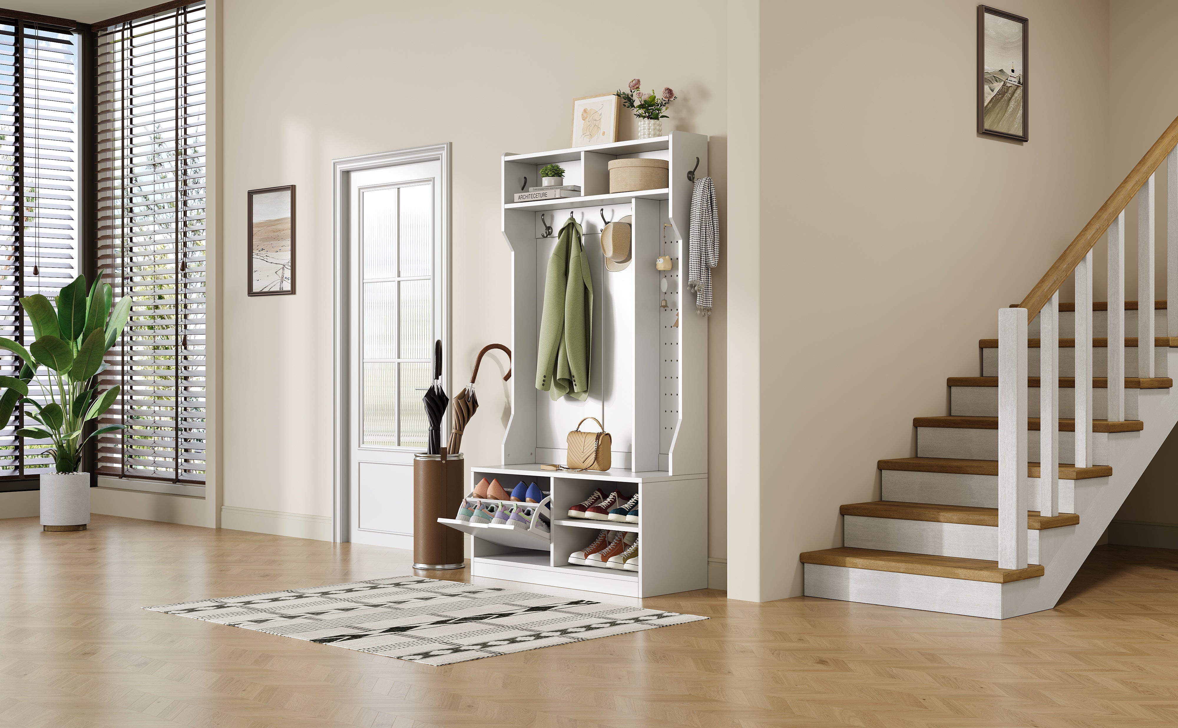 Wardrobe Set Hallway with Bench 6 Hooks 1 Door 4 Storage - White