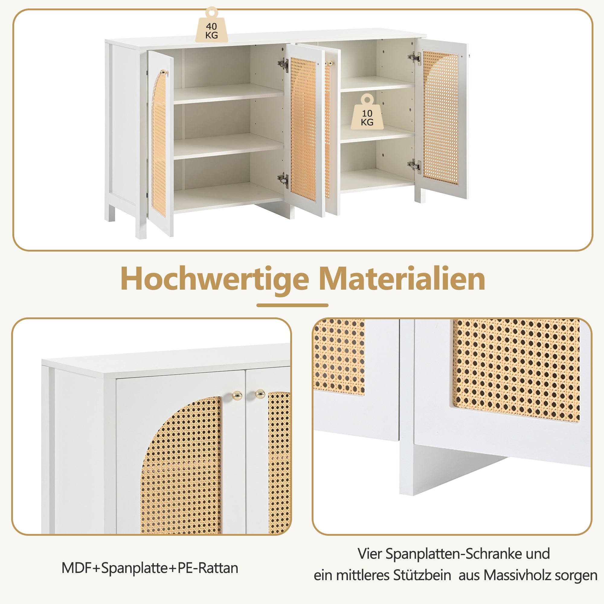 Sideboard, 4 Rattan Doors with Metal Handles, White