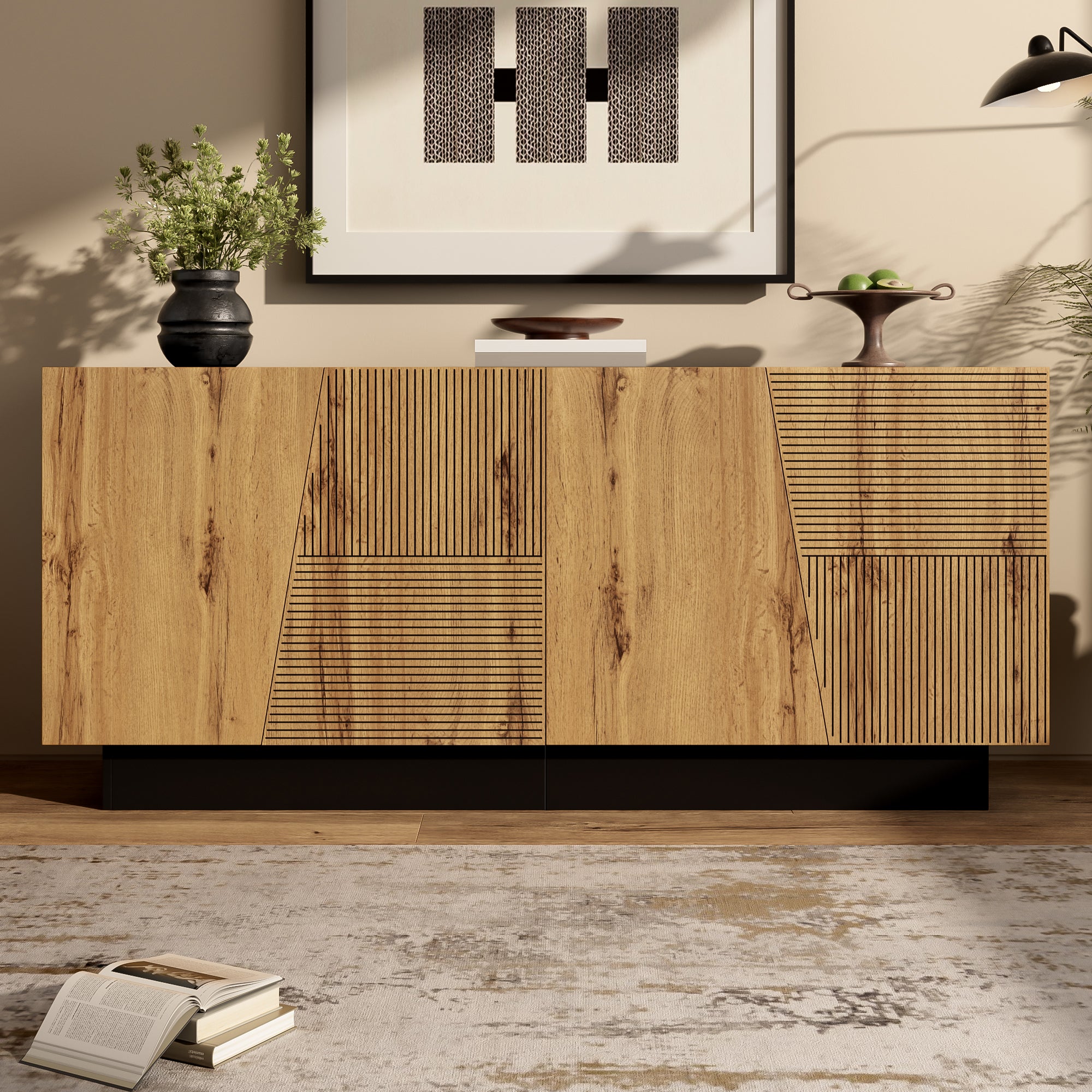 Sideboard 160cm, Ample Storage Geometric Design, Adjustable Shelf, Modern Finish