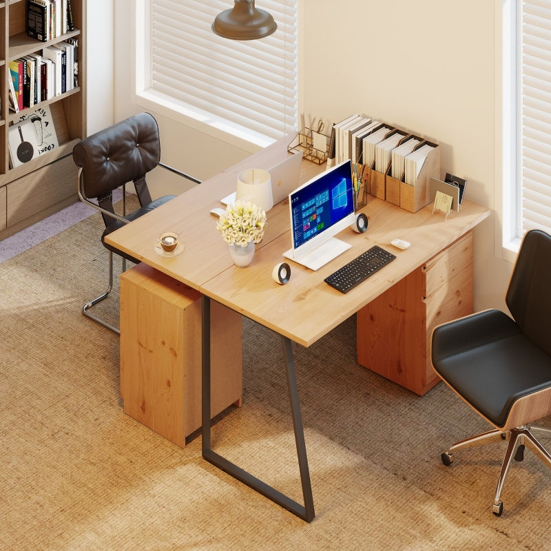 Computer Desk with Cabinet Drawer Metal Legs, Natural Wood Finish