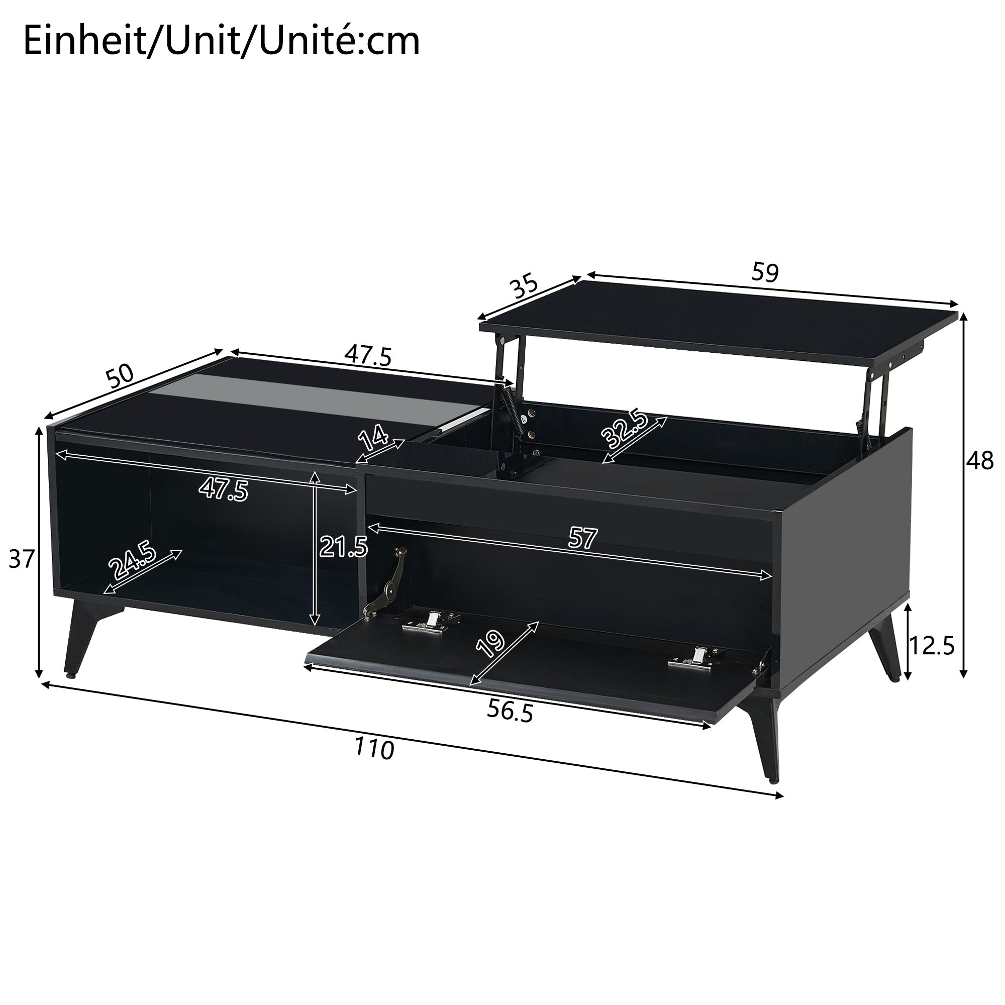 High-Gloss Coffee Table Height-Adjustable Folding Dining Table - Black
