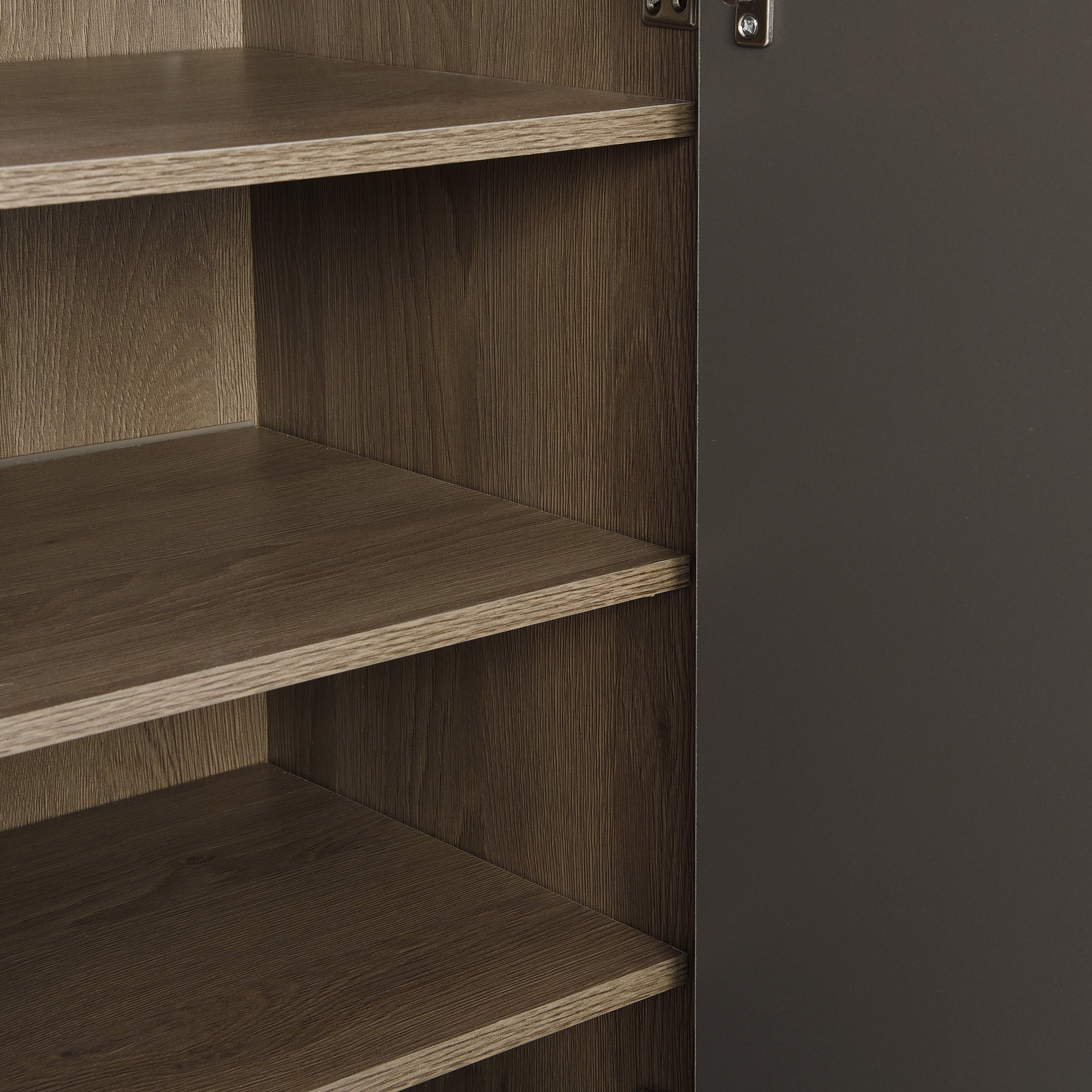 Shoe storage bench and cabinet with padded seat, adjustable shelves, gray