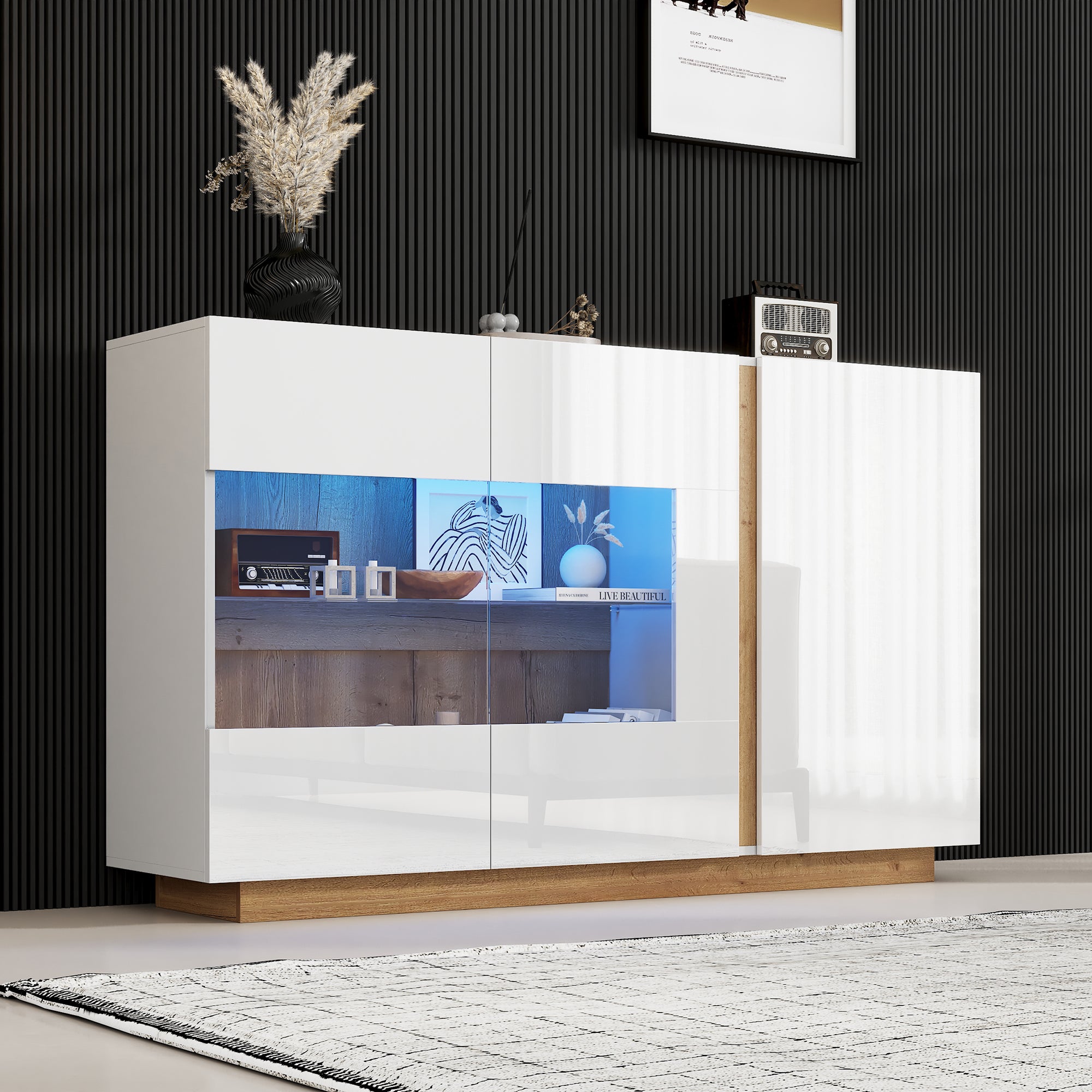 Sideboard High Gloss Chest of Drawers, White Chipboard with Glass