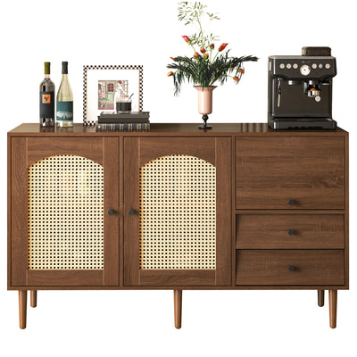 Country-Style Sideboard with Rattan Doors, Magnetic Closure Adjustable Shelves, Wood Tone