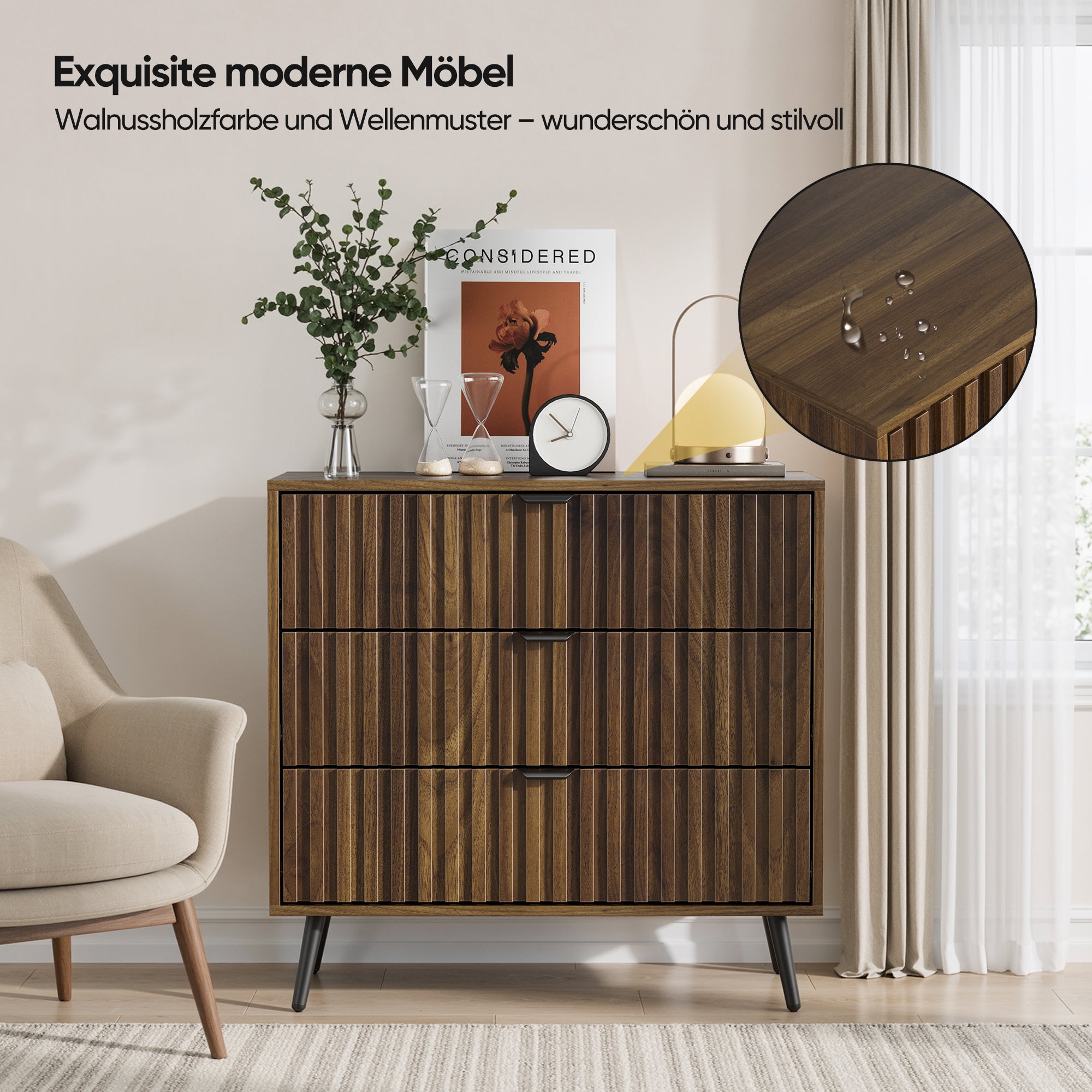 Chest of Drawers Storage Cabinet 3 Drawers Wooden Walnut Color
