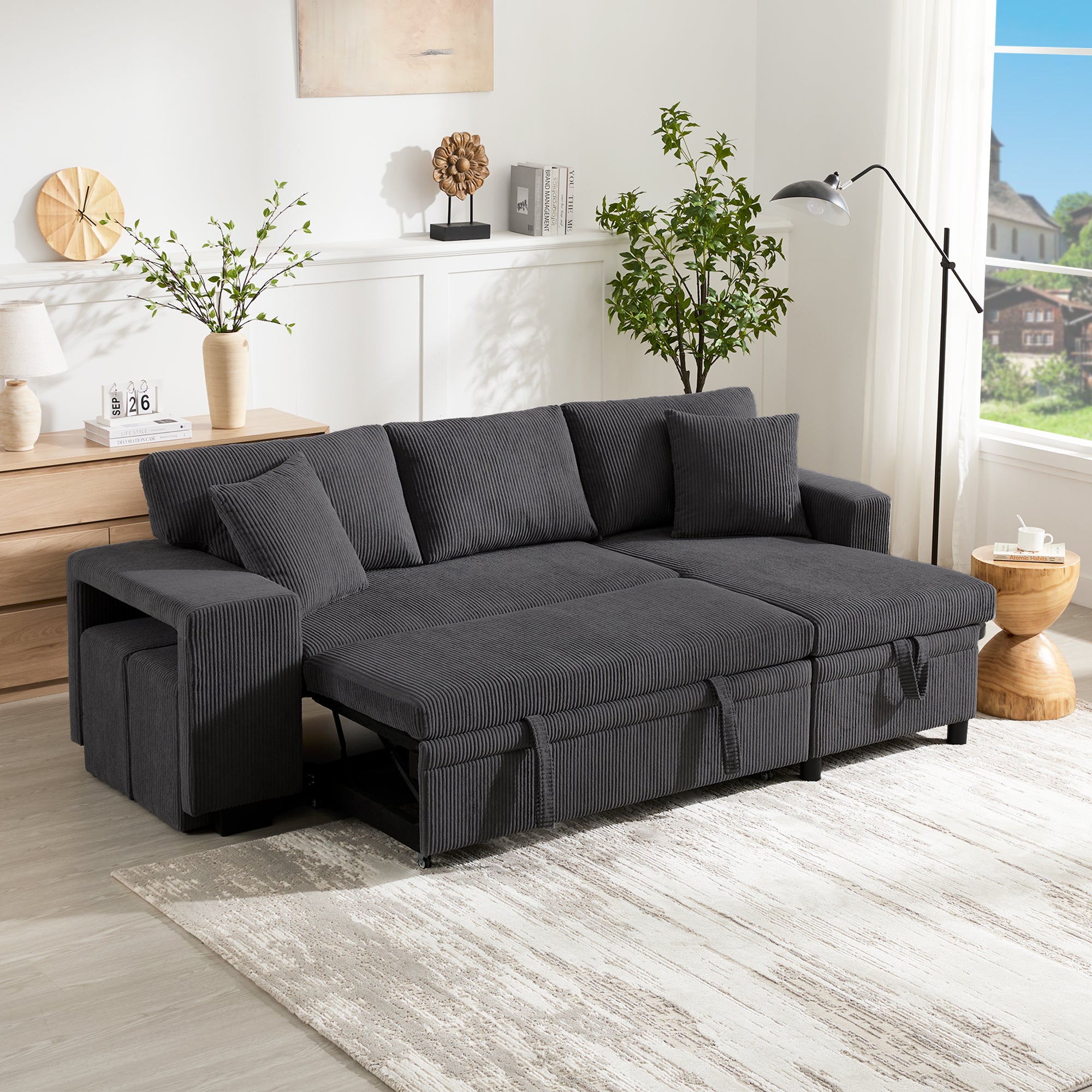 Sofa Bed L-Shaped Convertible 3-Seater with USB Charging, Side Shelves & Storage Space