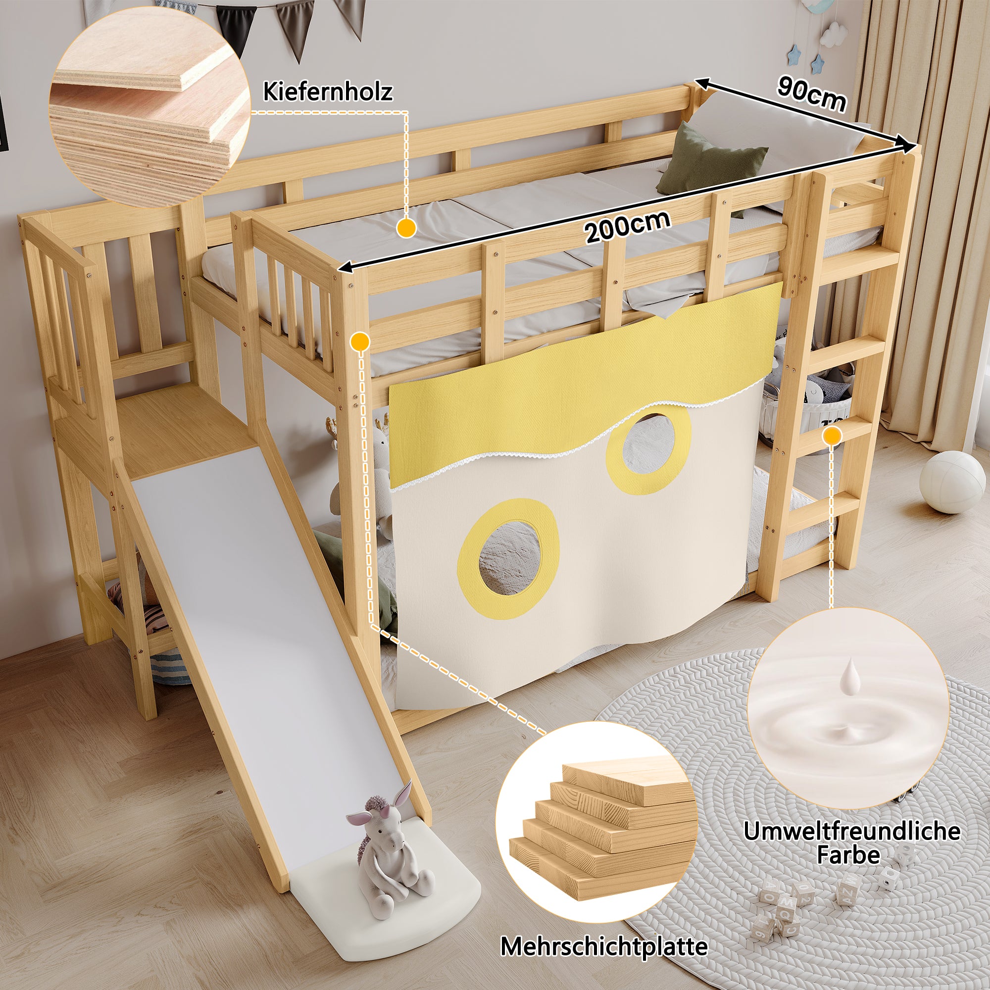 Bunk Bed with Stairs, Slide & Curtains, MDF+Pine, Natural