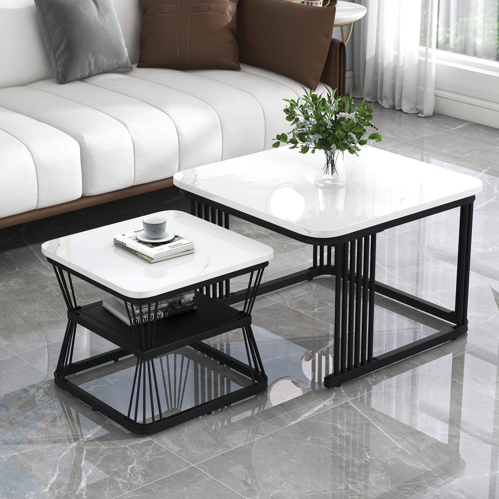 Set of 2 Modern Side Tables Marble Look Steel Frame - White/Black