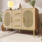 Rattan Sideboard Storage Cabinet with 2 Doors & 3 Drawers, Metal Handles, Adjustable Shelves, Oak