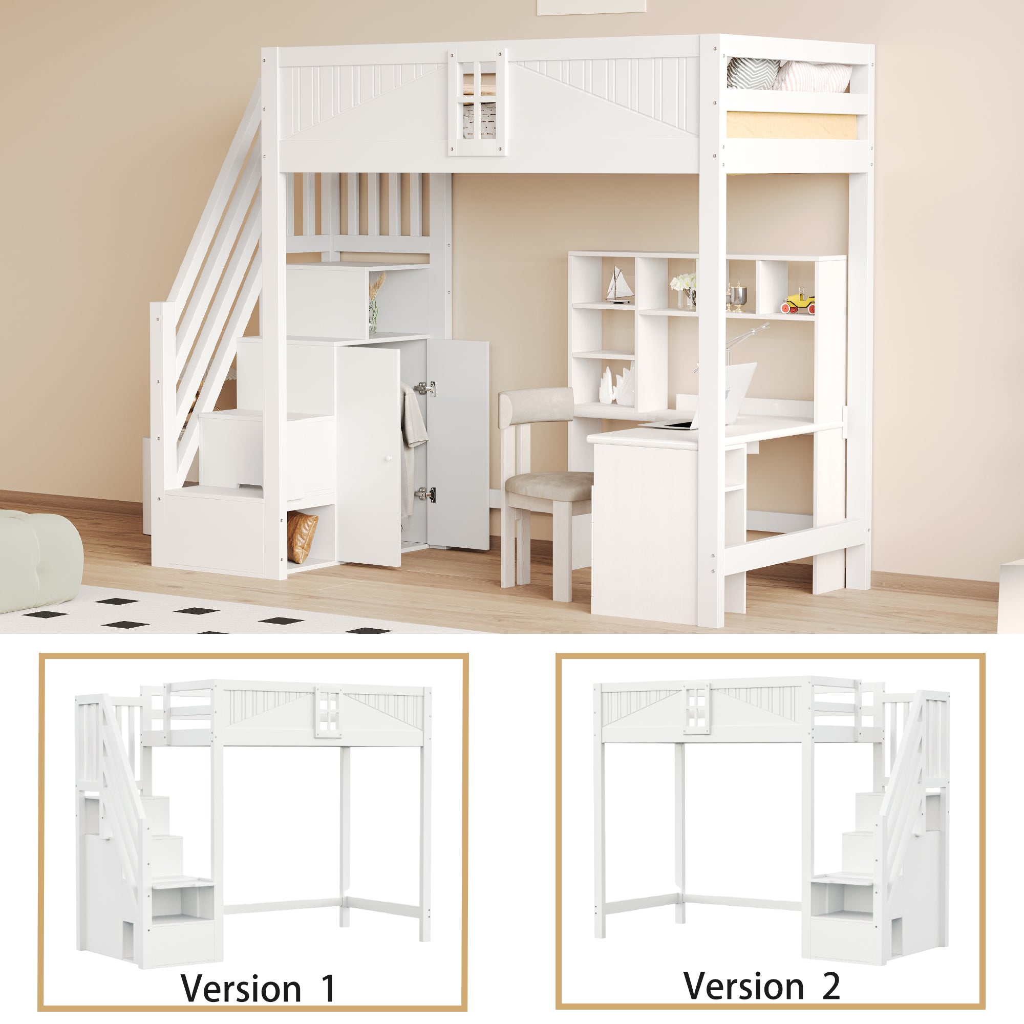 Loft Bed, Multifunctional with Safety Door & Storage, Solid Wood White