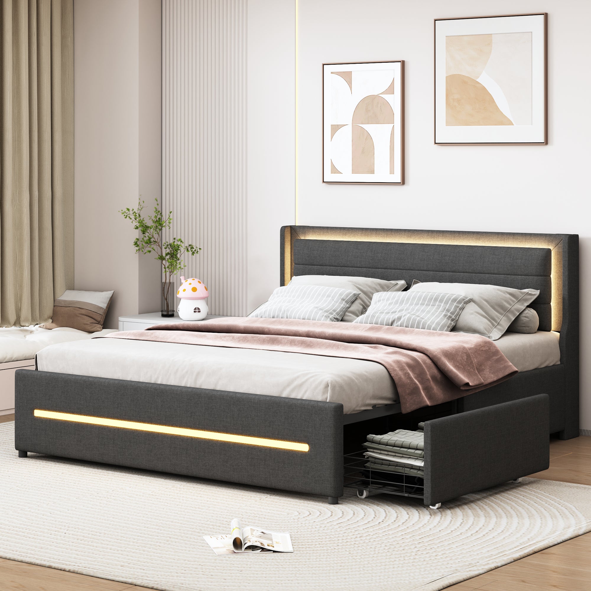 Upholstered Bed 160*200, LED Lighting, 4 Storage, Linen, Gray