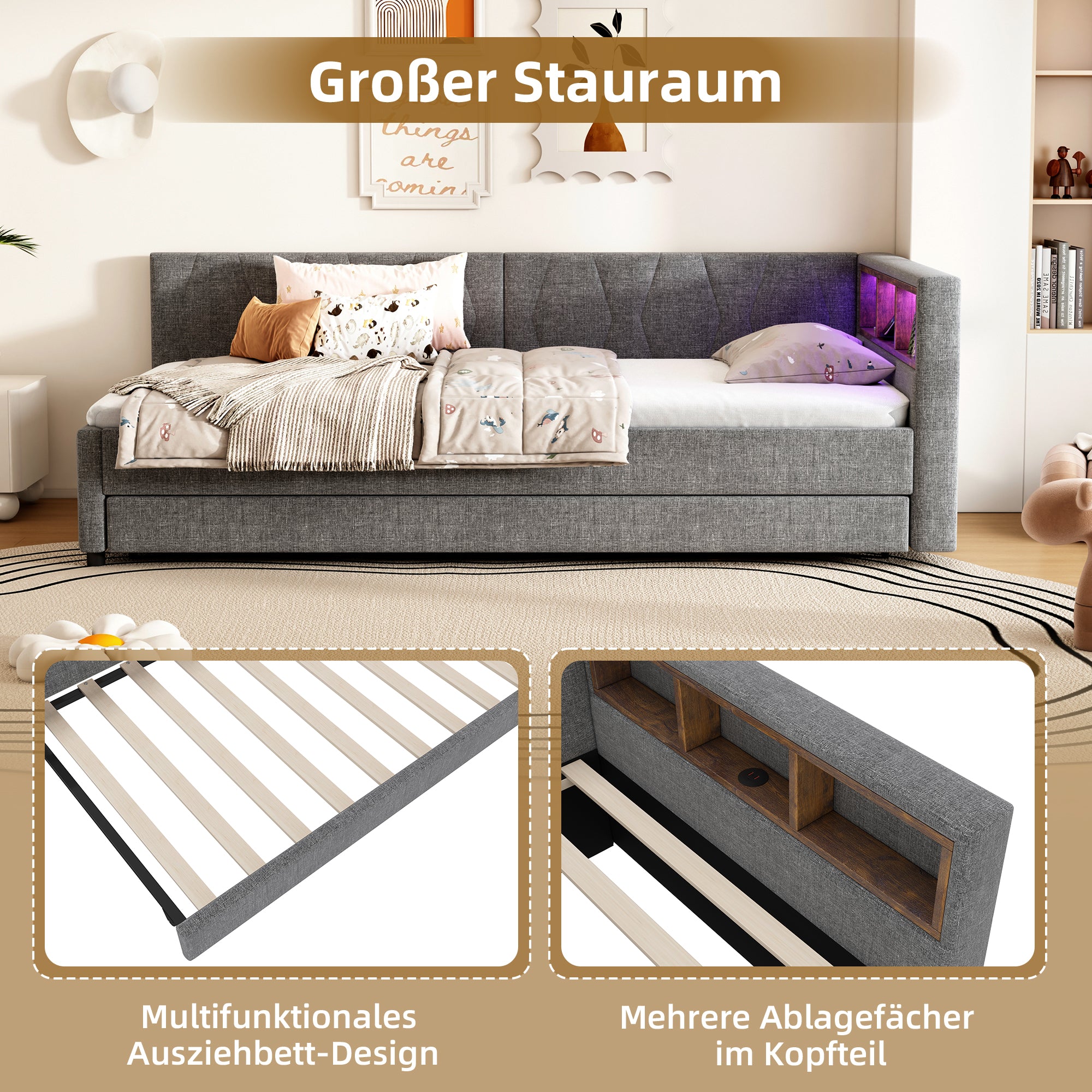 Daybed Sofa Bed 90x200cm Pull-out Bed Storage LED USB/Type-C - Linen Grey