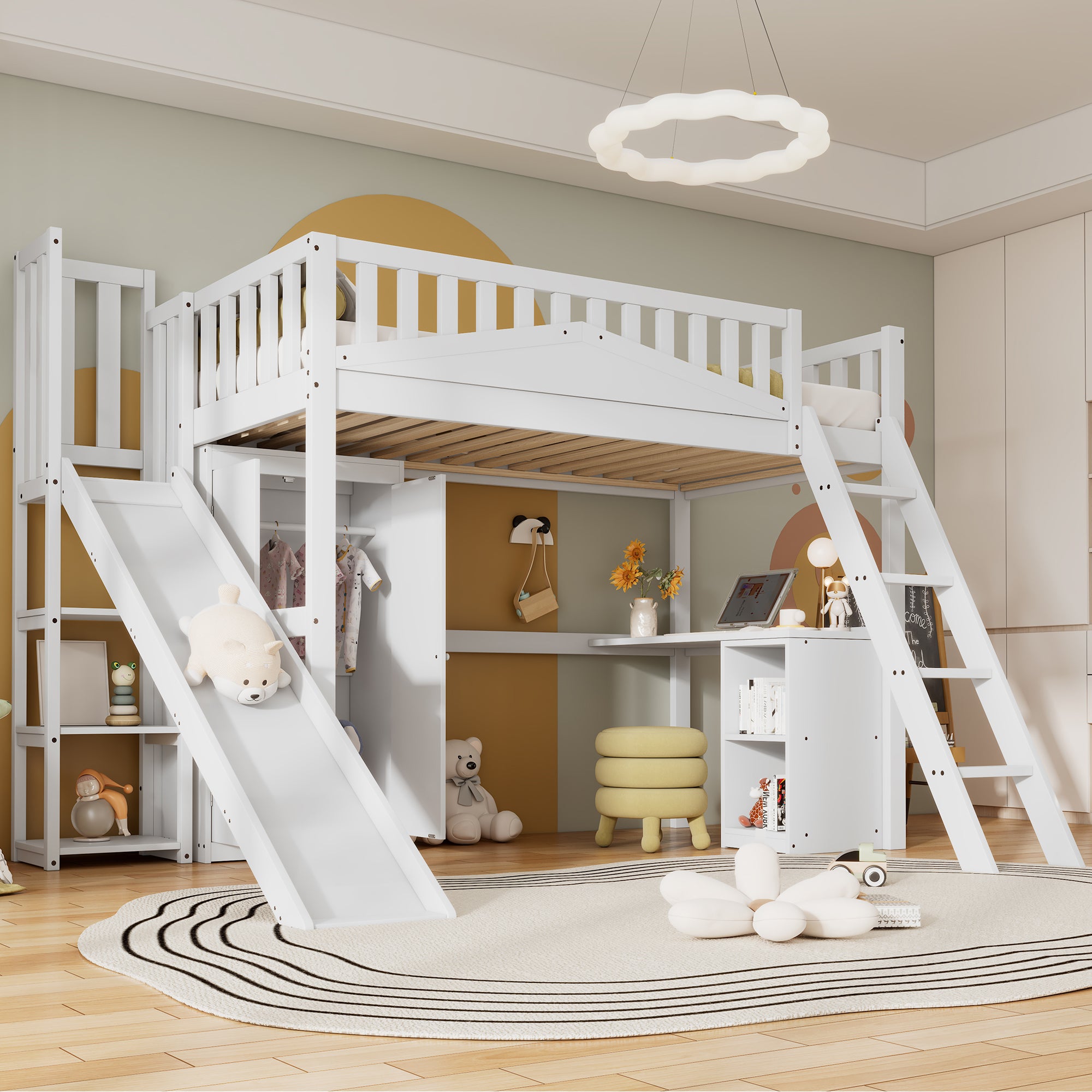 Bunk Bed, Children's with Safety Gate, Table, Wardrobe & Ladder, Pine+MDF+Plywood, White, 90x200cm