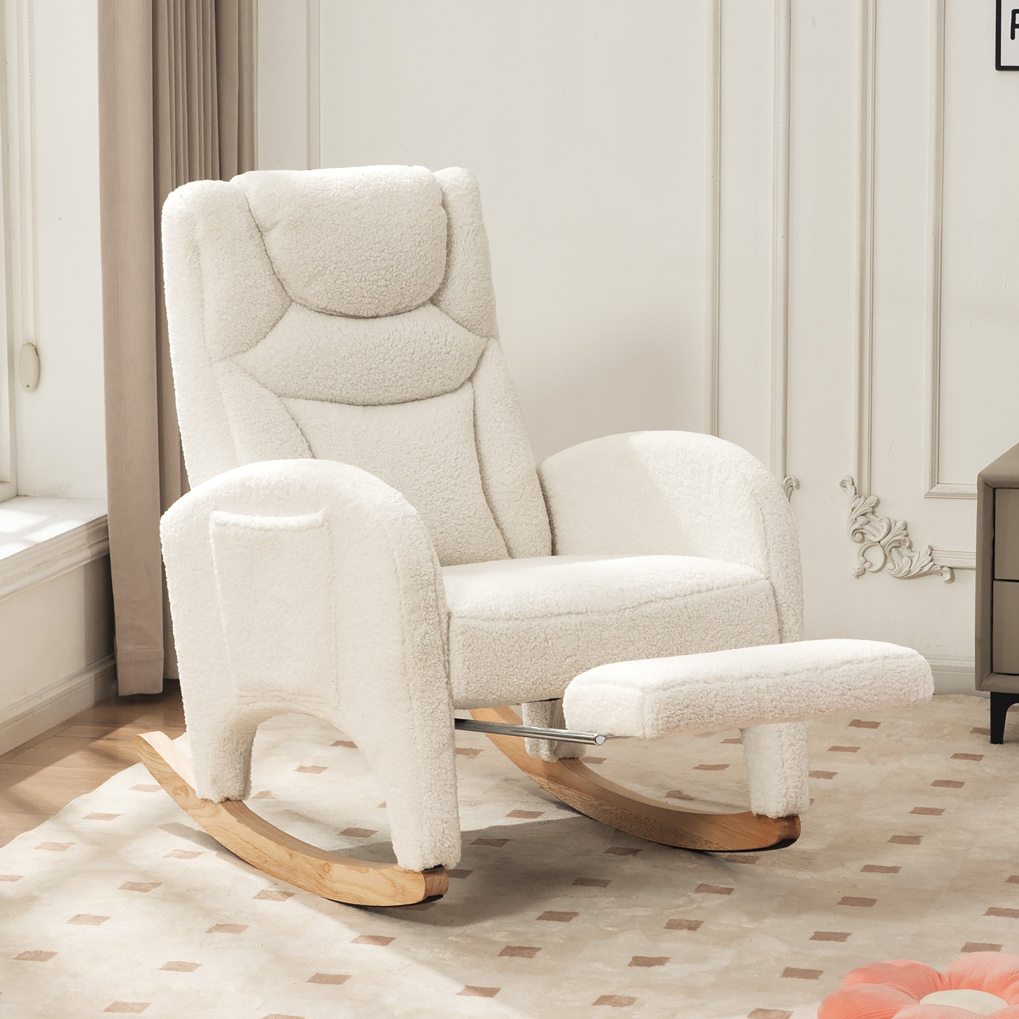 052 Rocking Chair, Upholstered with Armrest, 110 kg, White Teddy Fabric
