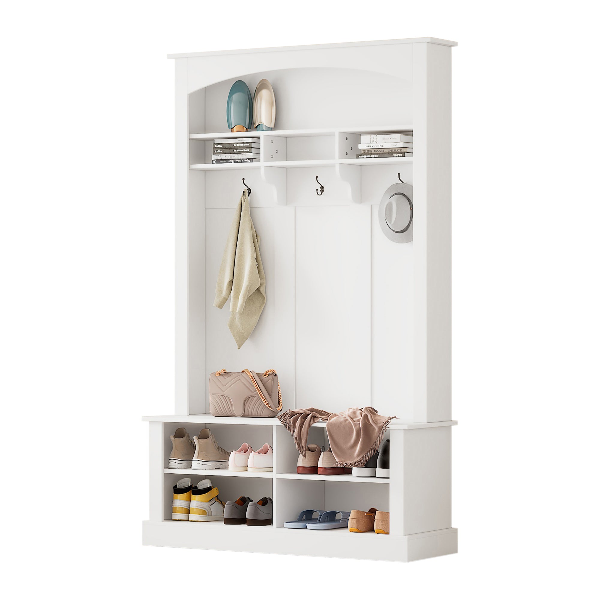 Wardrobe set with bench and shoe rack, multifunctional, storage, white