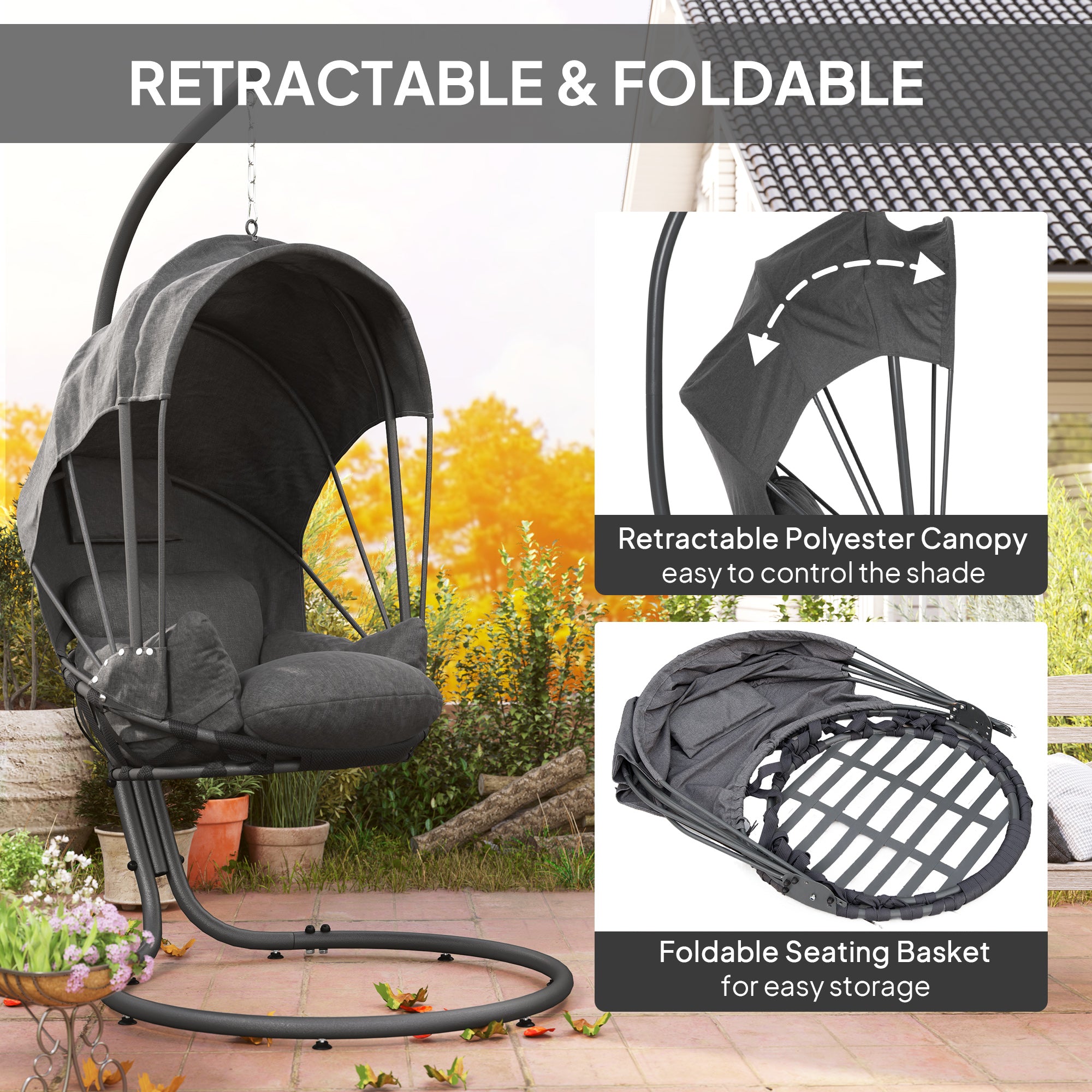 Hanging Egg Chair Swing with Stand, Cushion, and Retractable Canopy - Grey