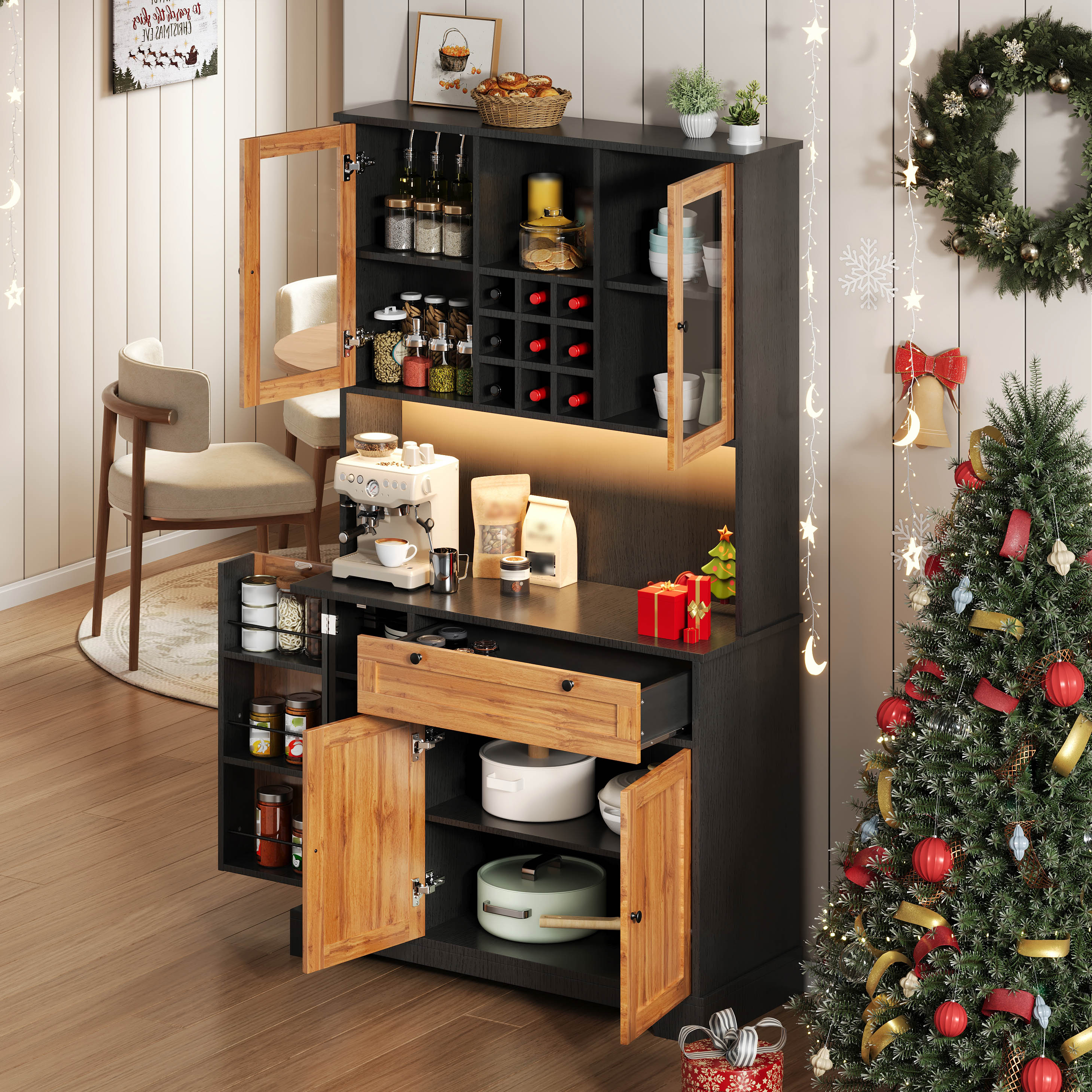 Tall Kitchen Storage Cabinet with LED Lighting and Power Outlet, White and Wood Look