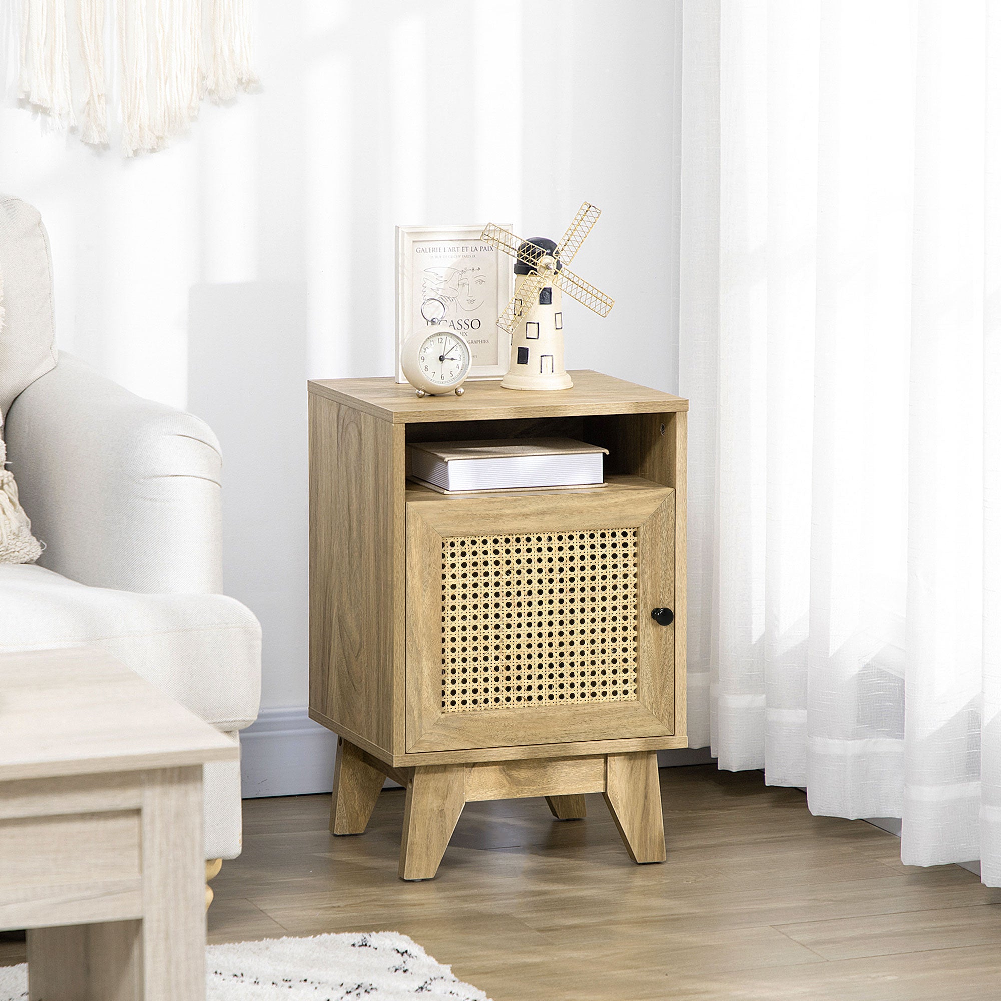 Narrow Rattan Nightstand, Side End Table with Shelf and Cupboard, Natural