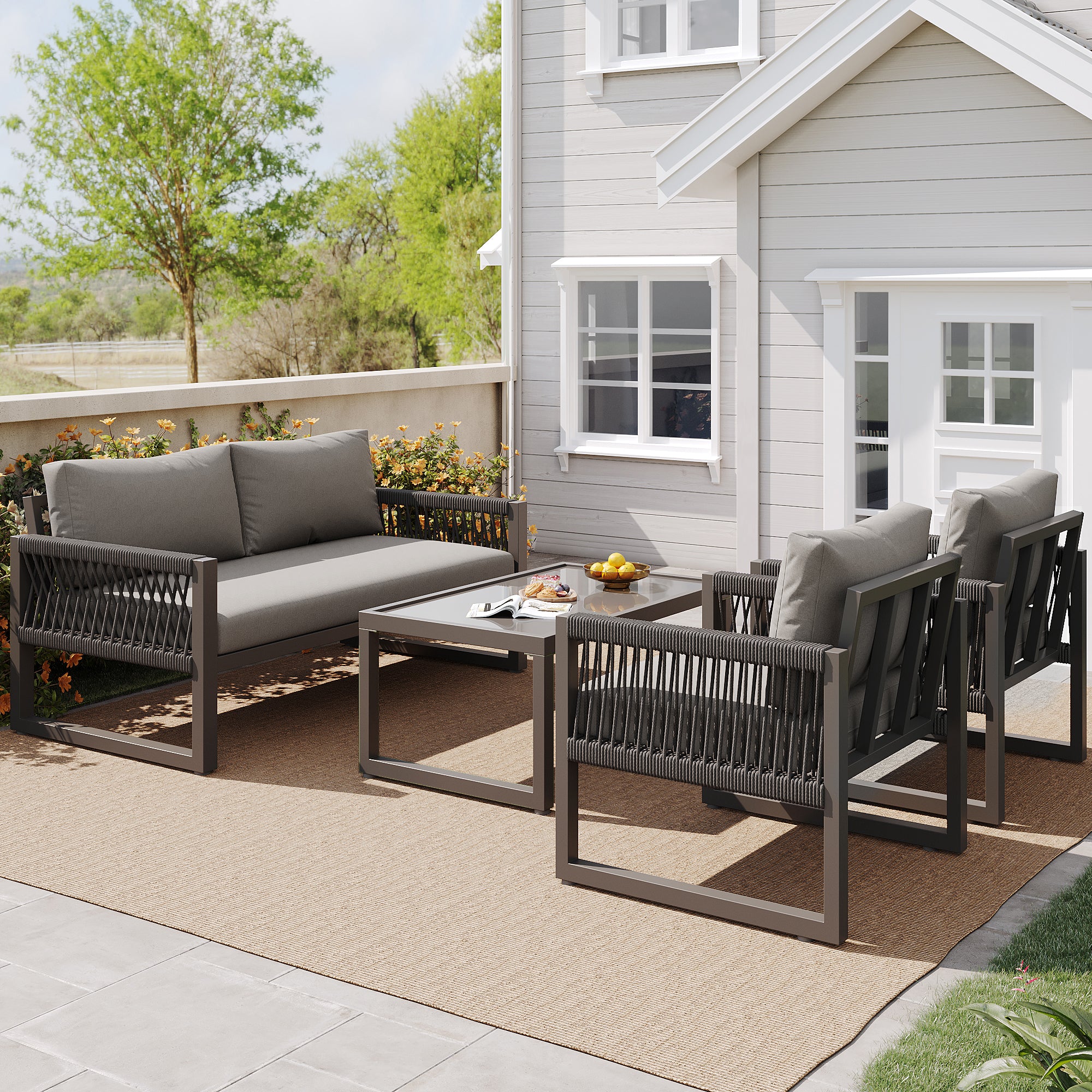 Garden Lounge Set 4-Piece Rope Glass Top - Grey