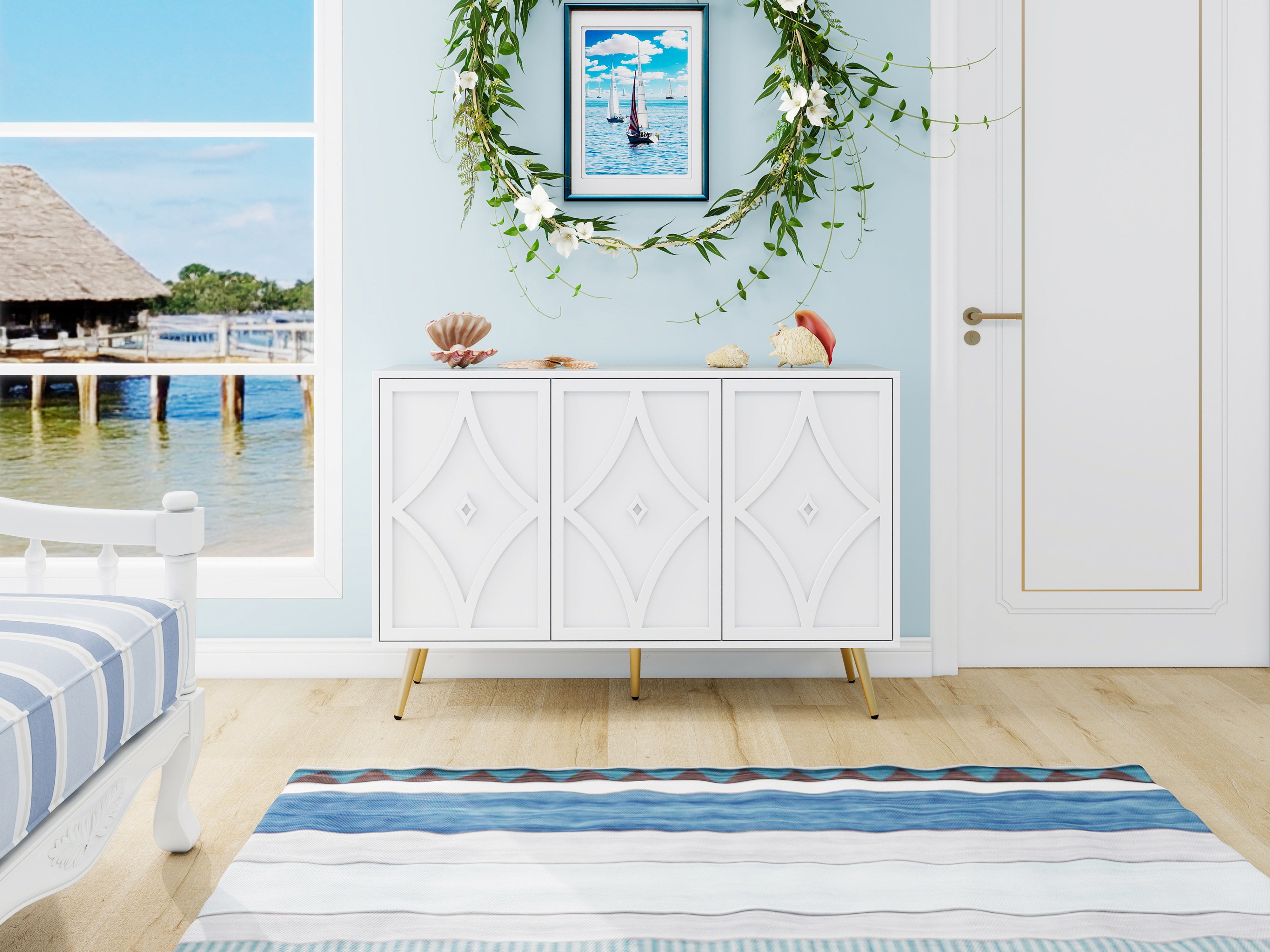 Sideboard Cabinet, 3-Door, 3D Carving, Gold Metal Legs, White