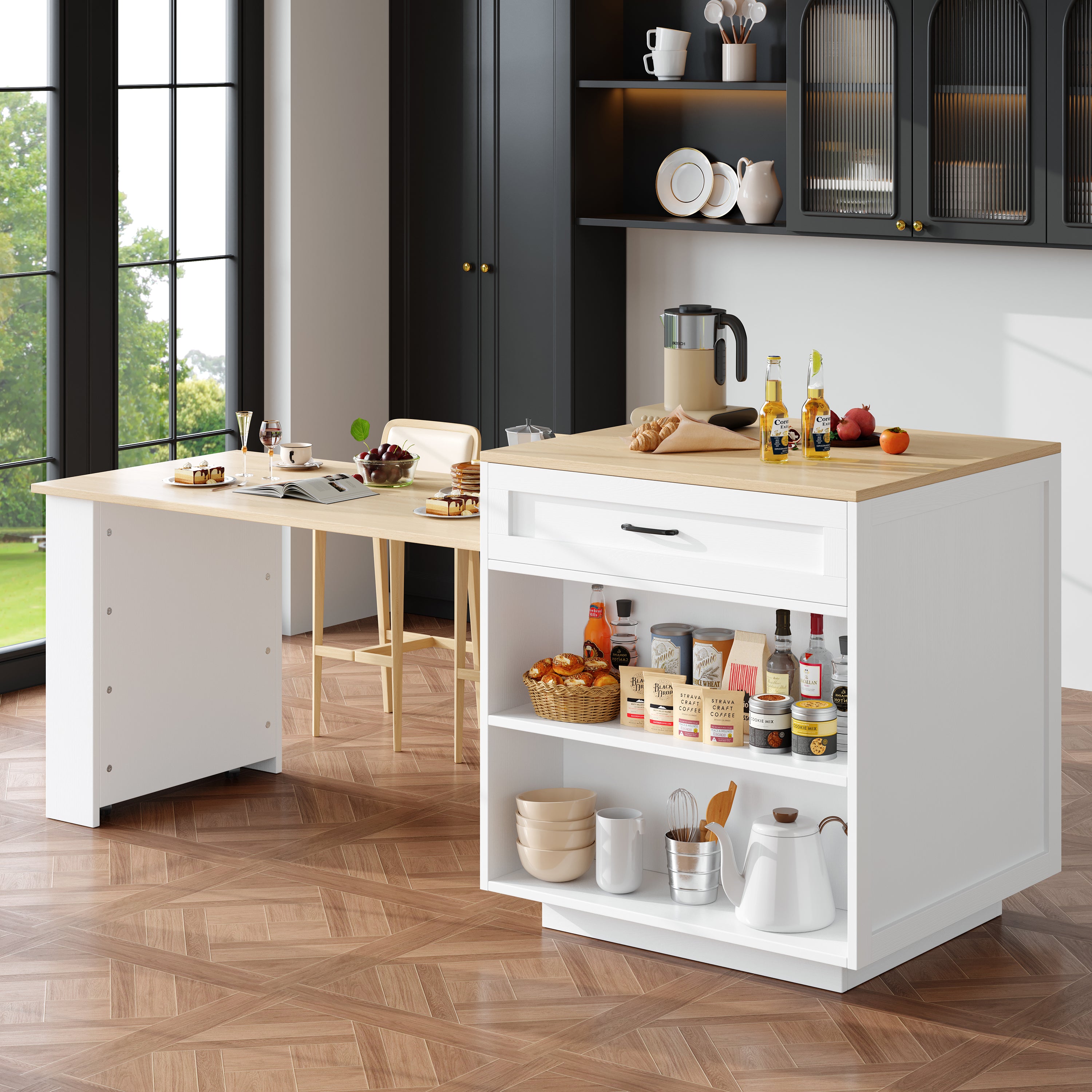 Extendable Bar Table Kitchen Island Dining Cart with Storage Drawers and Shelves White