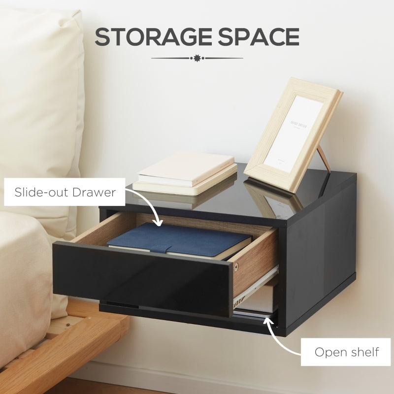 2 Pieces Bedside Table Wall Mounted Nightstand with Drawer and Shelf, High Gloss Black
