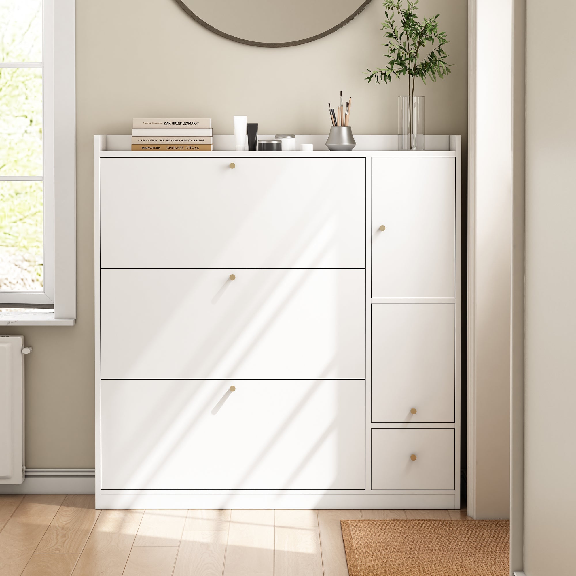 Versatile Tilting Shoe Cabinet with 3 Folding Drawers, Entryway Organizer, White