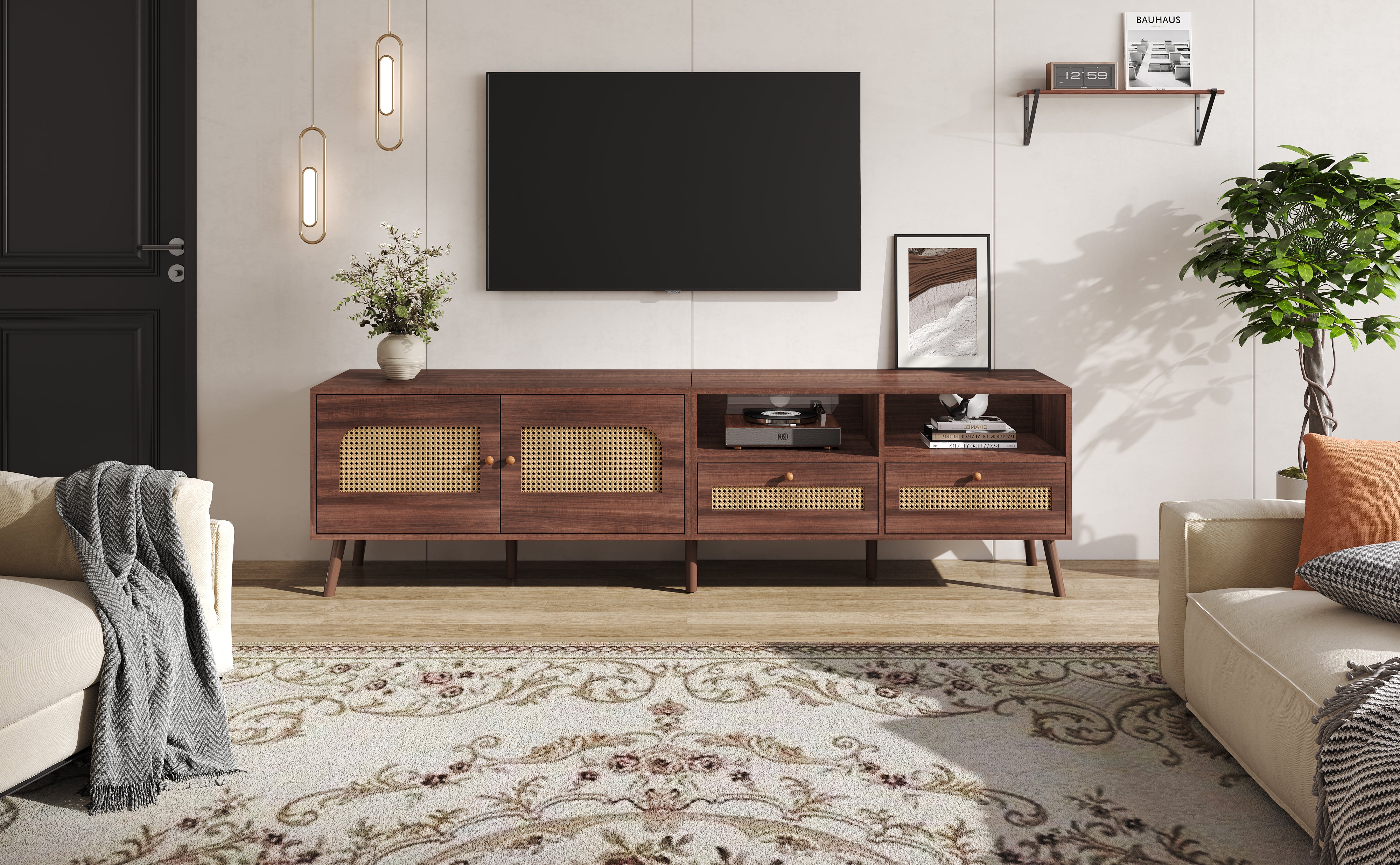 TV Cabinet, 80-inch with Rattan Doors & Drawers, Brown