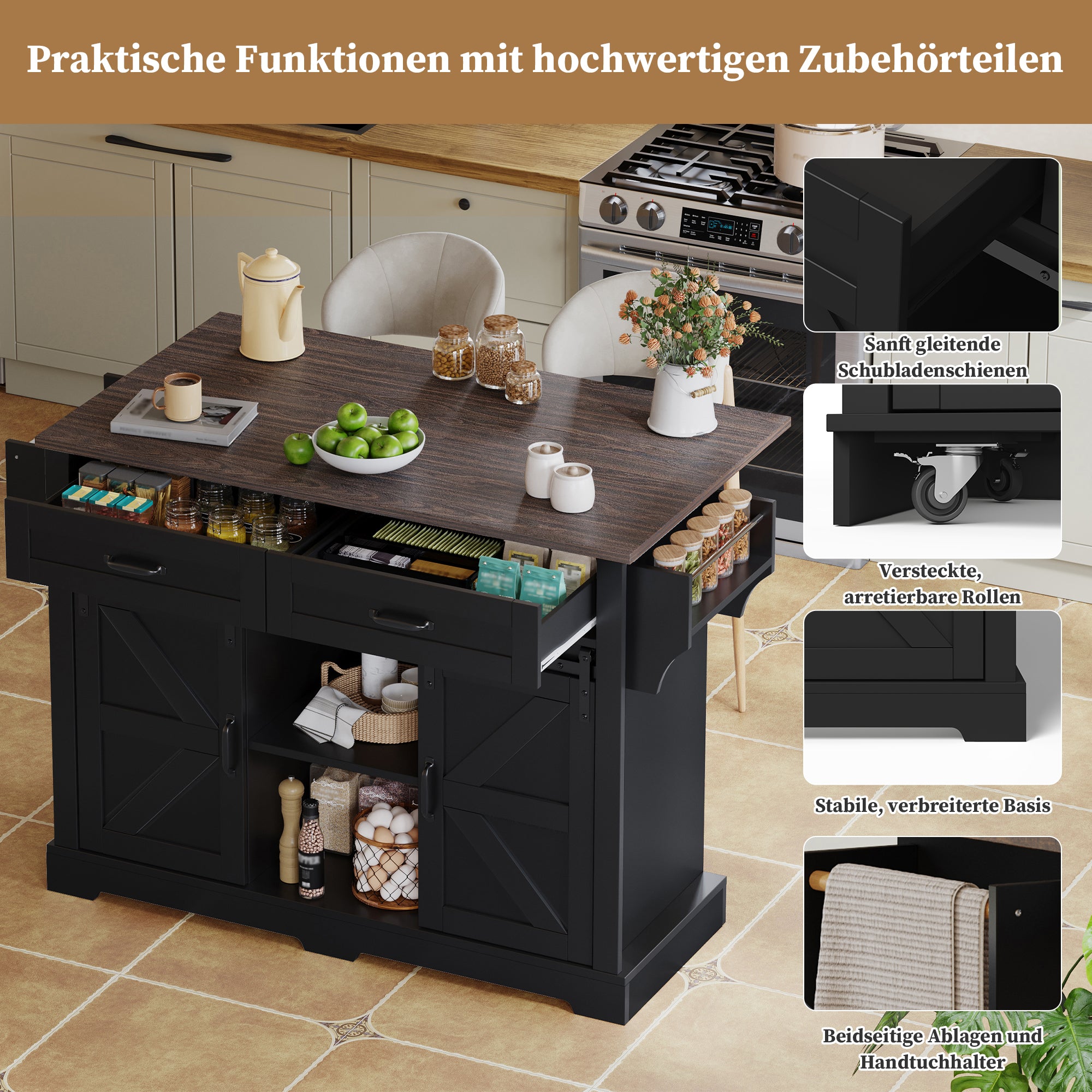 Kitchen Island with Fold-Down Worktop and Sliding Barn Doors, Black