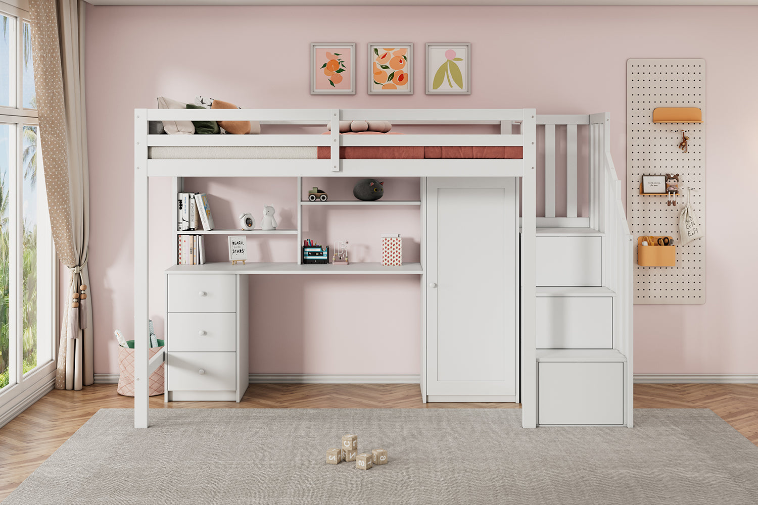 Bunk Bed with Desk, Wardrobe, Stairs, and Drawers, 90x200cm White
