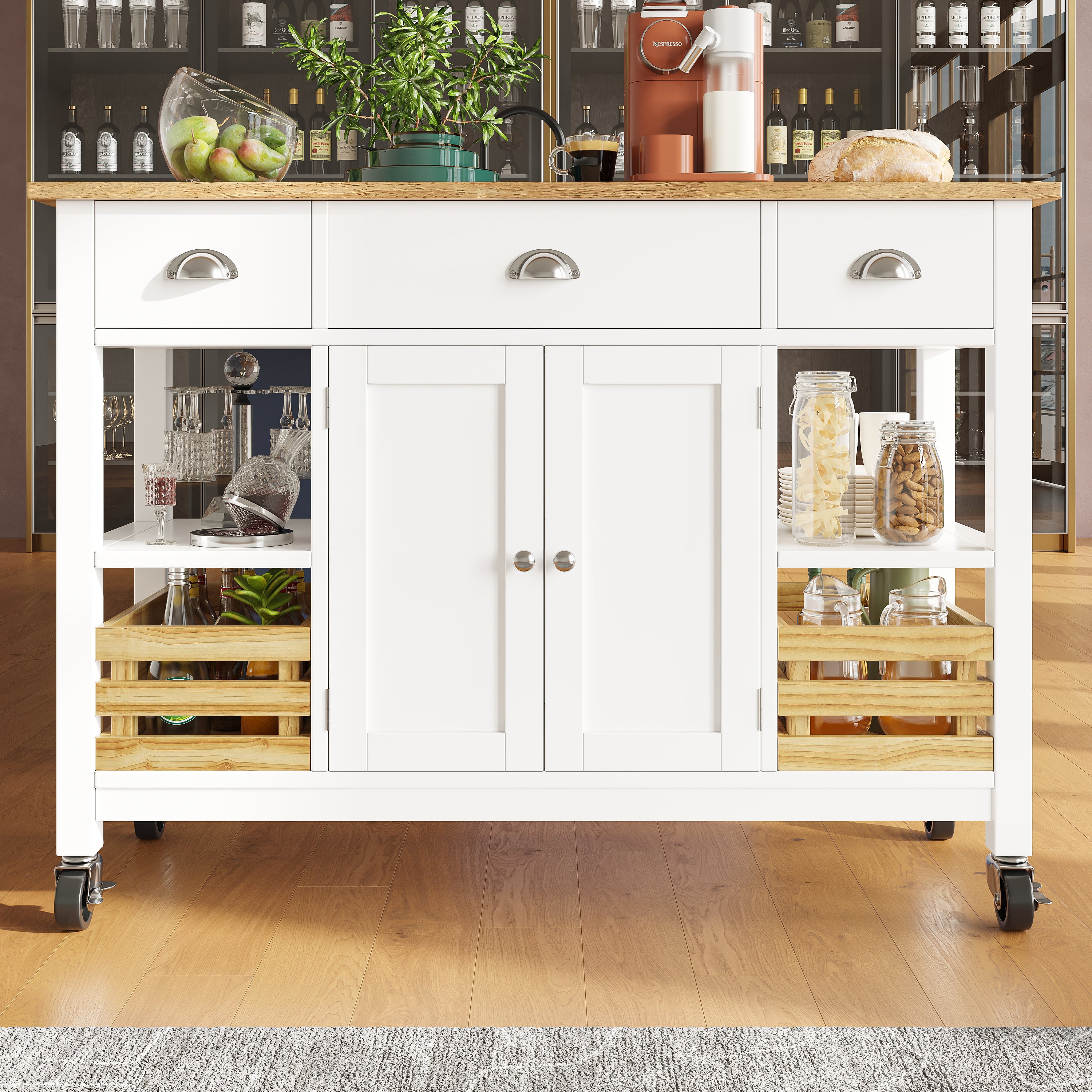 Kitchen Island Multifunctional Dining Table Trolley Cabinet Pine Storage Basket 120x45x90cm - White