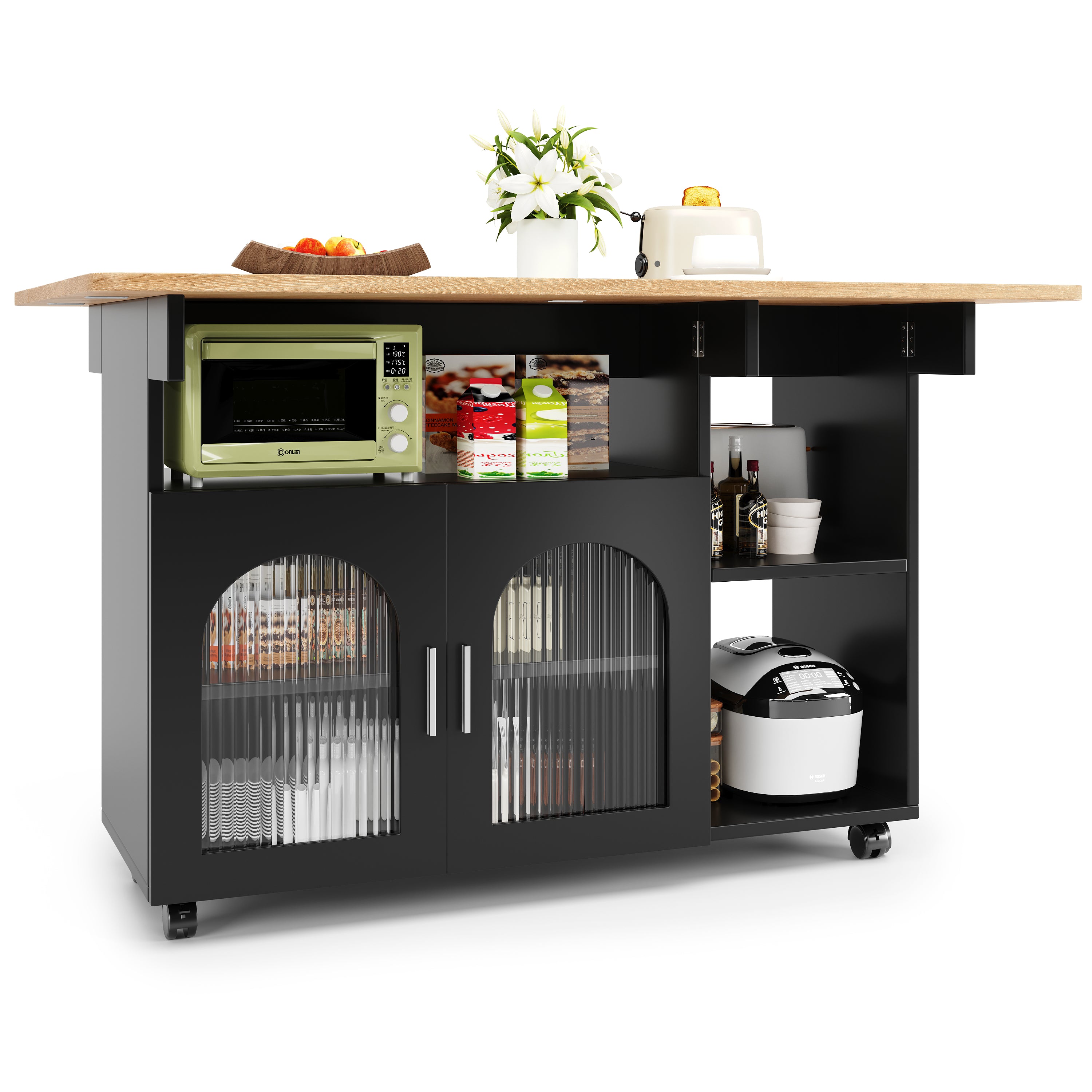 Kitchen Island Dining Cart - Multifunctional Table, Removable Trolley, Storage - Wood Grain Black