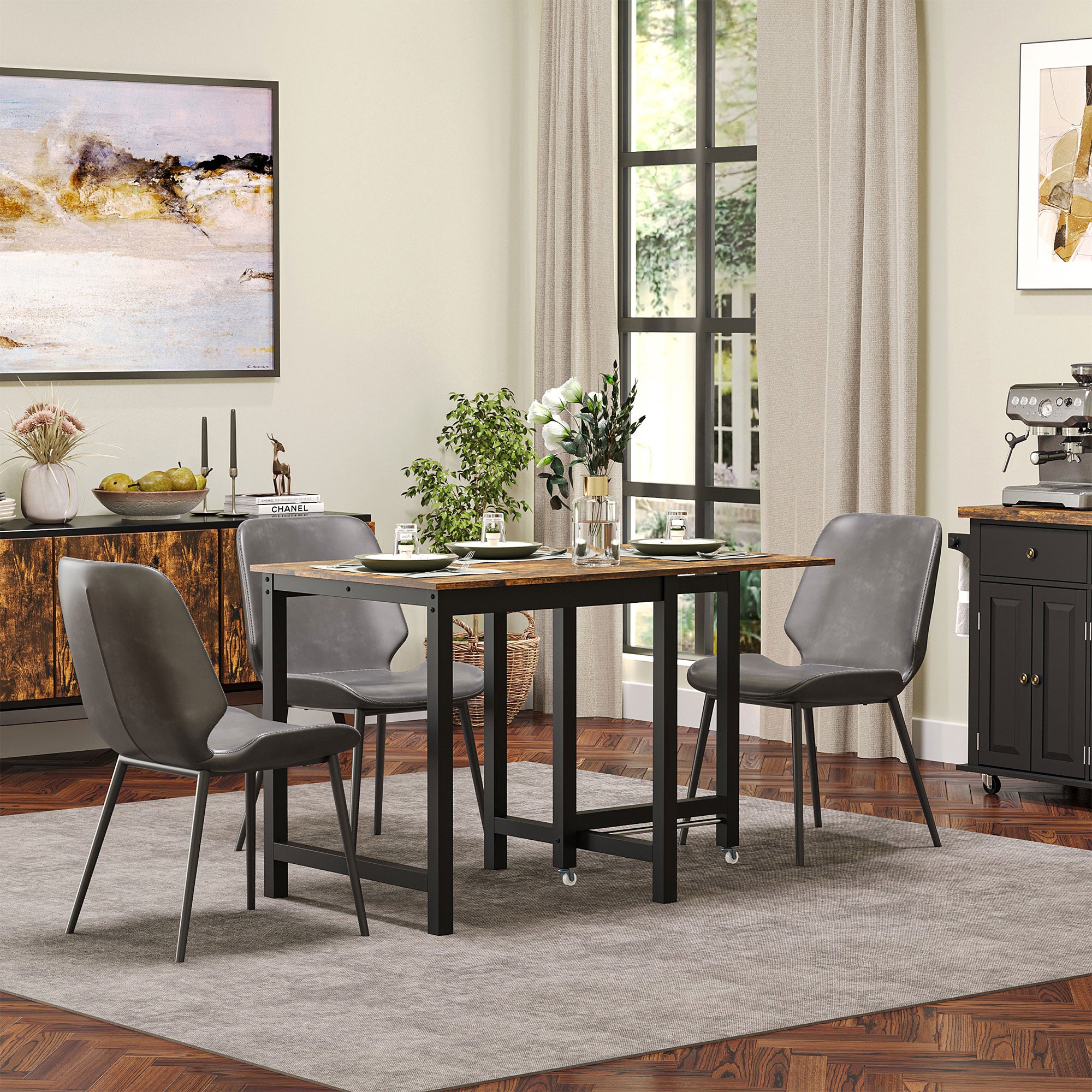Extendable Dining Table, Folding Kitchen with Wheels, Metal Brown