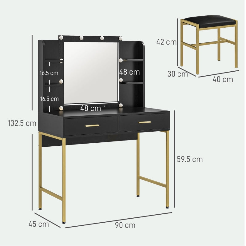 Dressing Table Set, Storage and Stool - Black