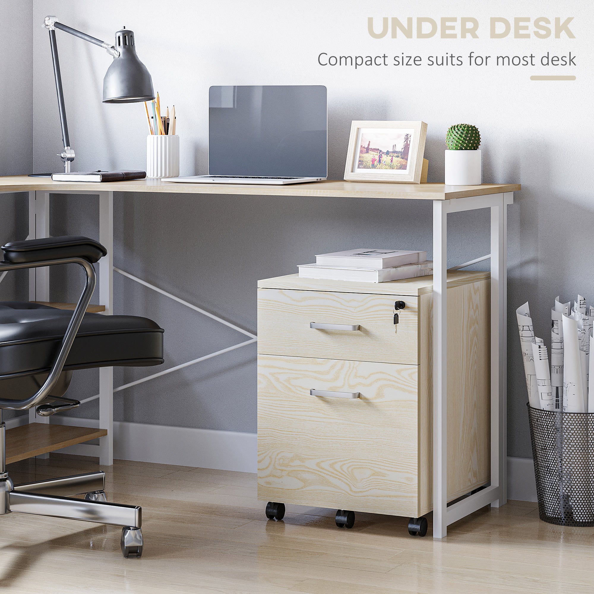 2-Drawer Filing Cabinet, Locking Rolling A4 Storage Cupboard, Oak Wood Grain