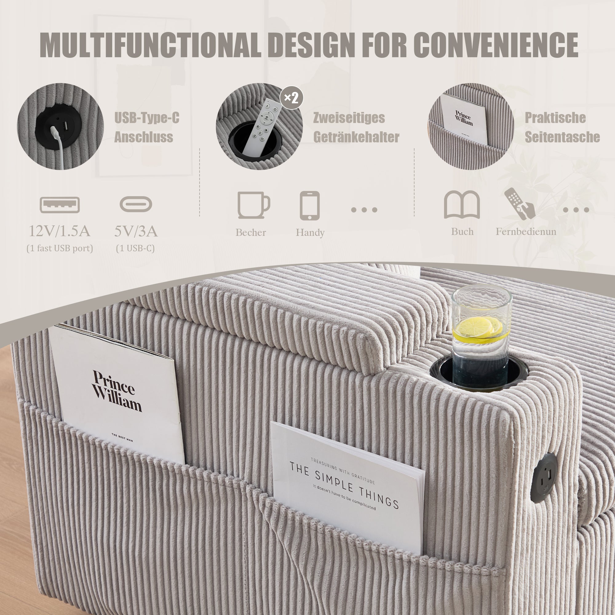 Modern 3-Seater Sofa with Storage, Cup Holders, USB-C and Pull-Out Bed, Corduroy