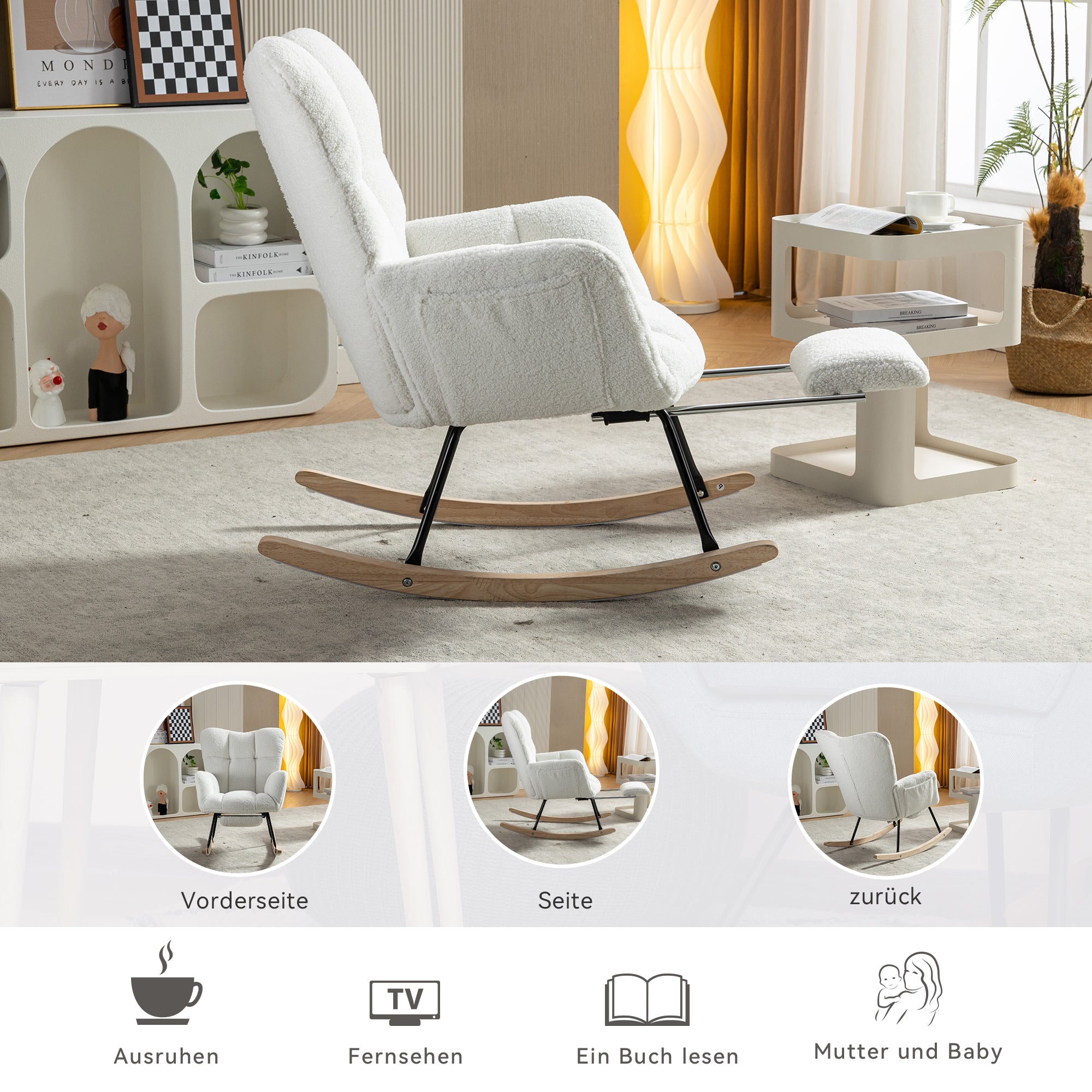 009B Rocking Chair, Upholstered with Retractable Footrest, White Teddy Fabric